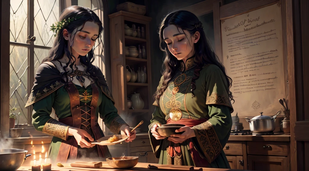 celtic witch, masterpiece, best quality, extremely delicate and beautiful witch, theater of world masterpieces, super detailed, very detailed, best quality, wicca, high resolution, extremely detailed, 1 girl, best quality, illustration, cooking dinner, impasto, canvas, magical sign, realistic, realistic, real, artistic anatomical hands, artistic anatomy,