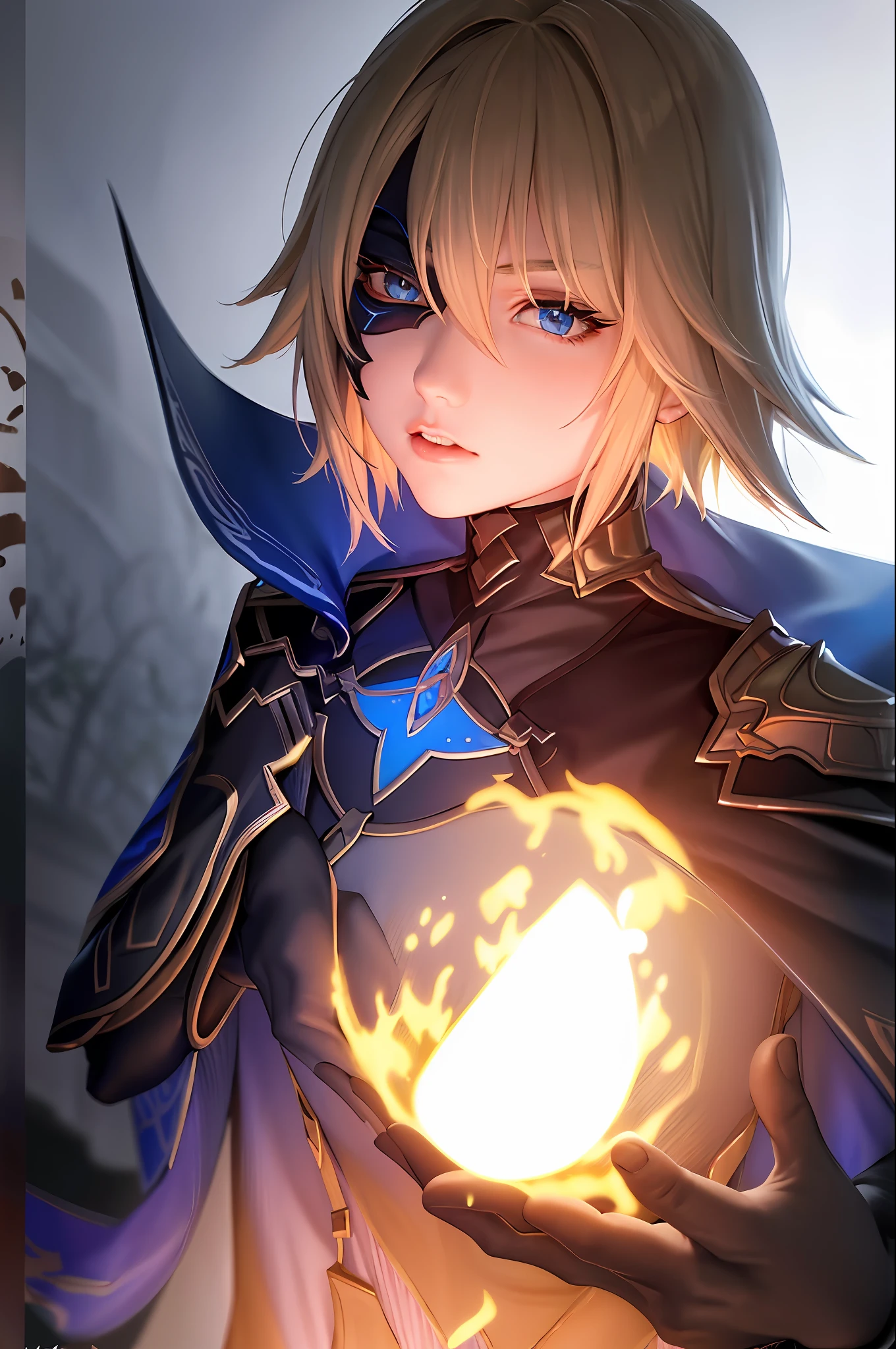 masterpiece, best quality, dainsleif\(genshin impact\), 1girl, female focus, solo, blond hair, blue eyes, mask, gloves, hair between the eyes, looking at viewer, cape, shut up, black gloves, bangs, turtleneck,, (gray background: 1.4), (kbxll: 0.6)
