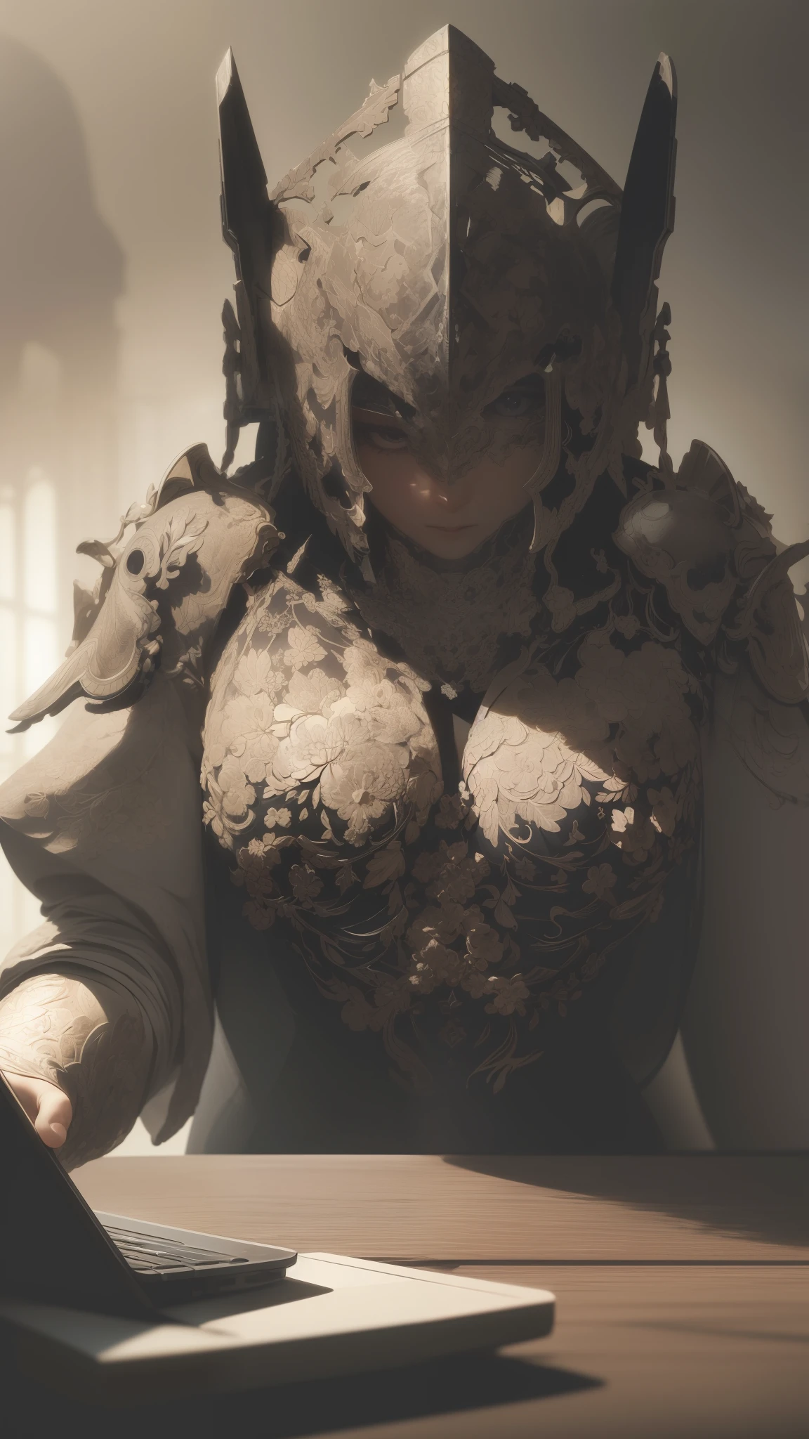 android typing on computer, depth of field, soft lighting, masterpiece, best quality, intricate, tone mapped, highly detailed, artstation, concept art, soft, sharp focus, dramatic lighting, highly detailed artwork, cinematic, hyper painting realistic, trending on Artstation, 8K, amazing shadows, realistic (highly detailed background: 1.0)