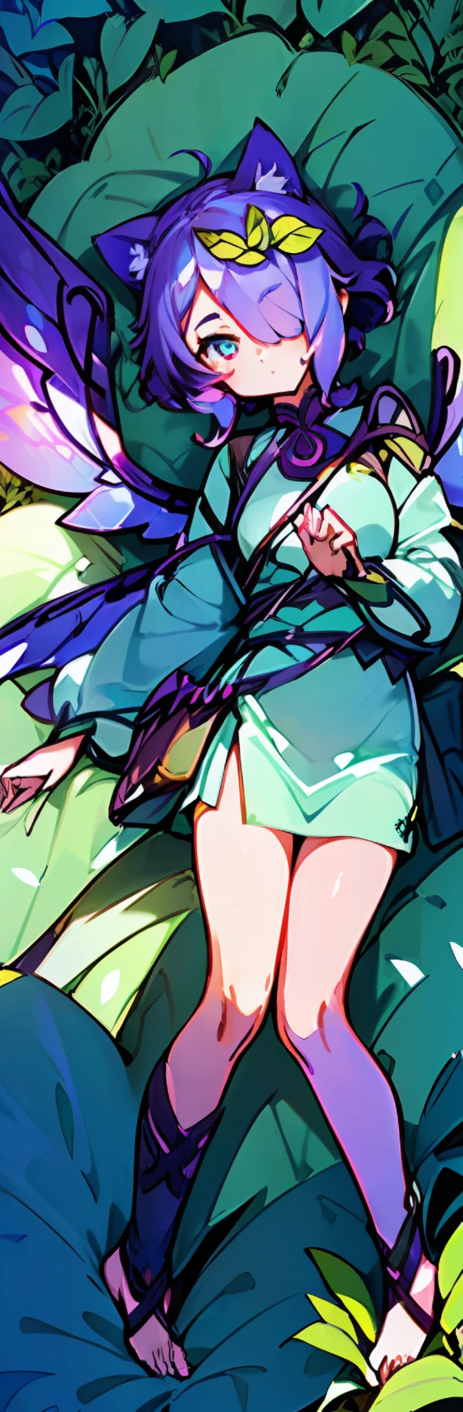 1girl, ((heart shaped leaves, purple_yam, winged_yam, ube,)) (((full body,)) leaf, garden, plant, plant girl,) teal eyes, cat cat ears, sweet beautiful woman, ((glowing wings), purple hair, green streaks in hair, ((hair over one eye,))) ((masterpiece)), colorful, (extremely detailed CG unity 8k wallpaper), (masterpiece), (best quality), (ultra-detailed), (best illustration),(best shadow), lying down, dakimakura print, ((((5 fingers, detailed eyes, beautiful eyes))) wing folded