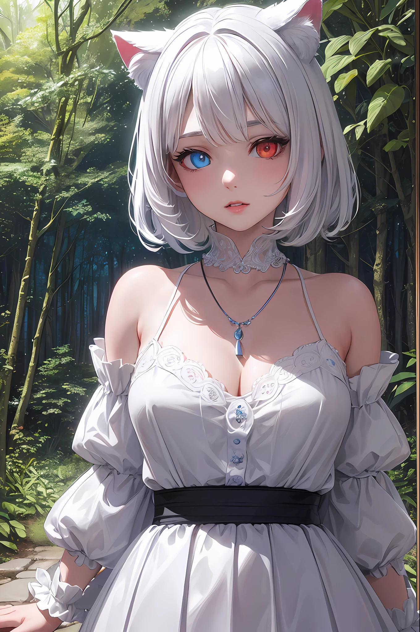 masterpiece, best quality, ultra-detailed, illustration,(1girl),beautiful detailed eyes, looking at viewer, close up, white short hair, shy, cat ears, ((glowing blue necklace)), forest in background, (blue and red eyes), thick lips, ((heterochromia)), black tank top, white pleated Skirt, ((***ite)), mature woman