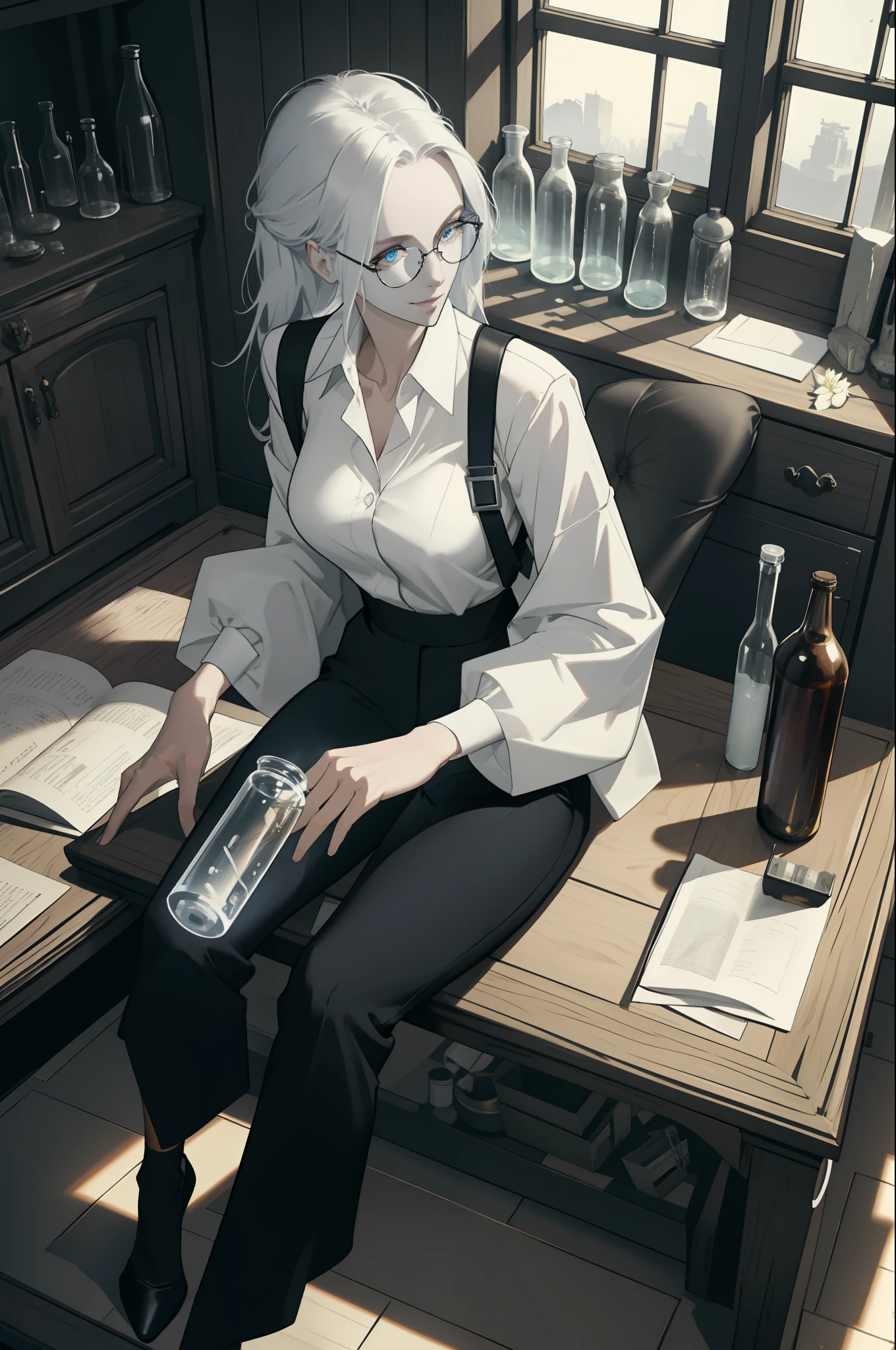 Masterpiece, best quality, 1 female, adult, gentle, slender figure, white shirt, black pants, exquisite eyes and detailed face, extremely detailed CG unity 8k wallpaper, intricate details, intricate laboratory, madness Scientist with messy hair, forehead, glasses, wooden walls, table full of garbage, test tubes, bottles, window, sitting on chair, holding test tubes, evil smile, side view | View from above, depth of field