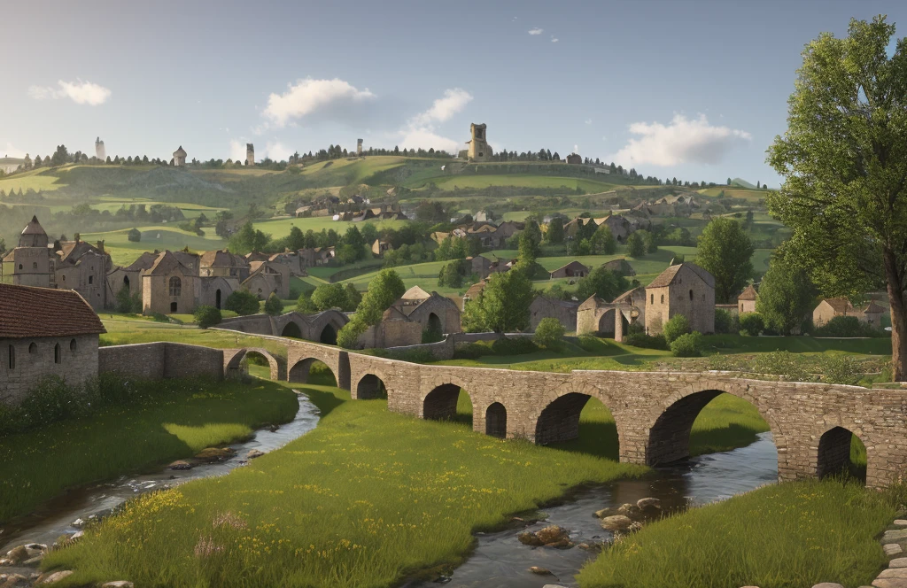 = Medieval suburbs, green meadows, distant forests, medieval towns, streams, stone bridges, streets, chimneys, realistic lighting, rich textures, realistic details, a masterpiece.
