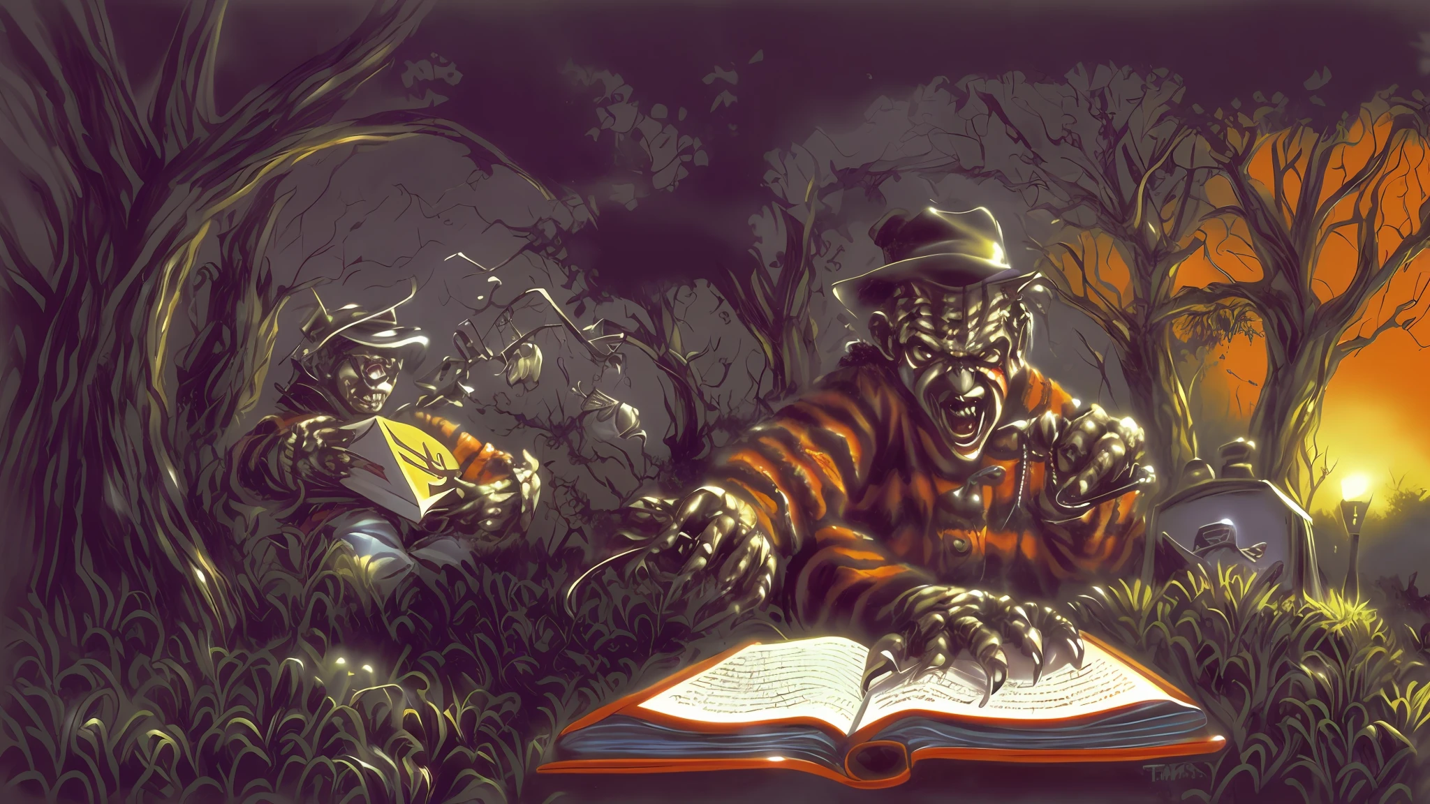 Freddy Krueger, reading a storybook to you, with his razor sharp claw glove,creepy,detailed(((goosebumps art by tim jacobus)))
