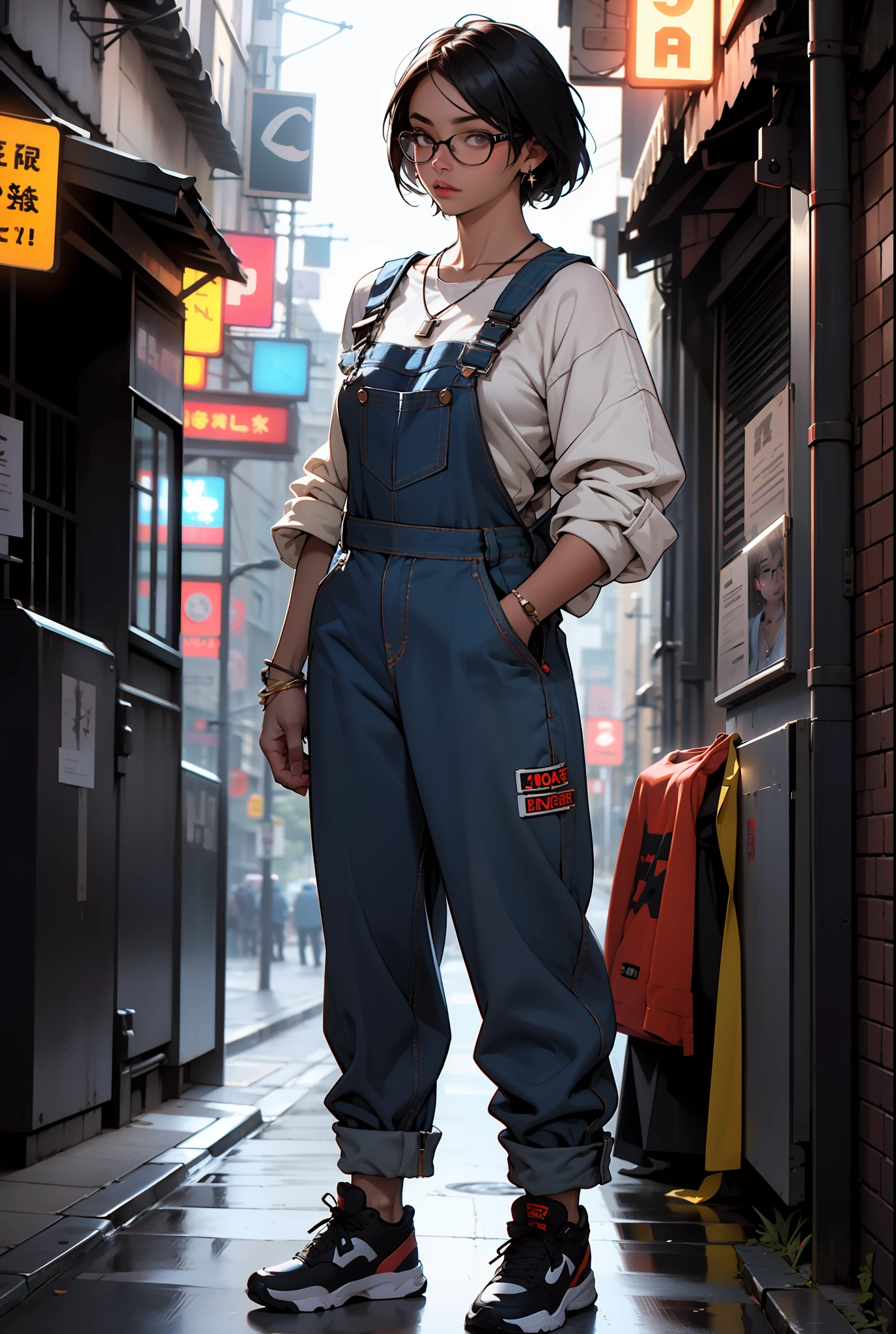 1woman, Full Body, Short Hair, Muscular, Tall, Streetwear, Overalls, Necklace, Street, (Masterpiece, Ultra, High Res, Ultra Detail), Night, Depth of Field, Glasses,
