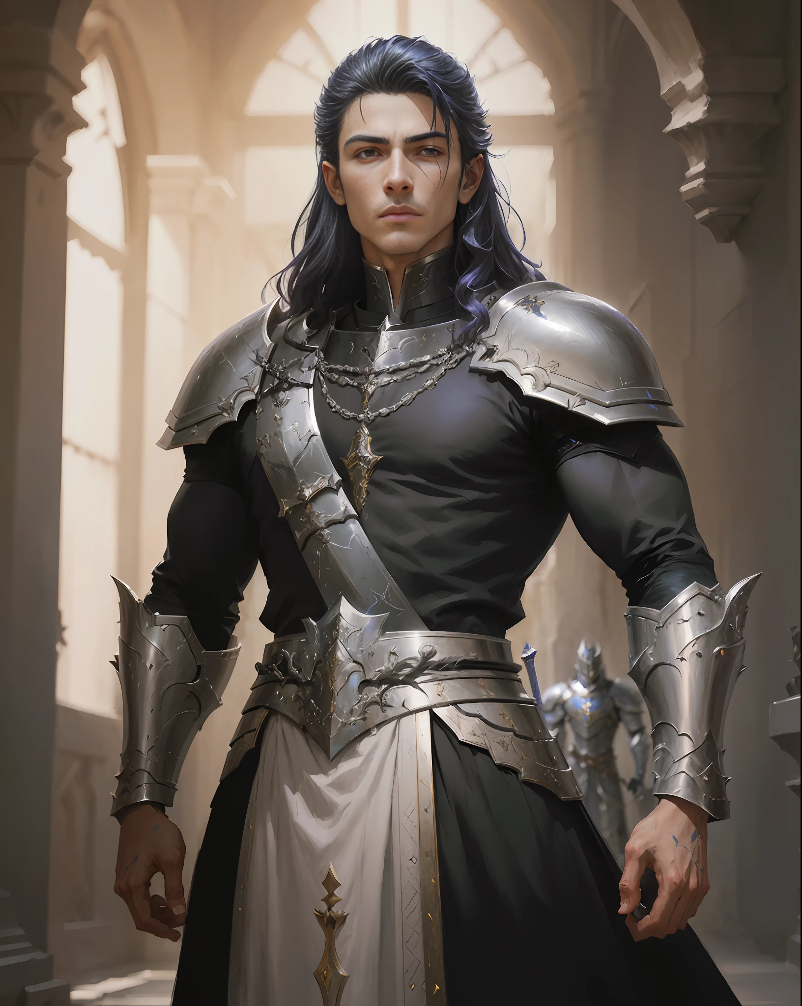 arafed man in armor standing in a hallway with a sword, beautiful androgynous prince, dainty androgynous prince, fantasy male portrait, beautiful muscular masculine man, a portrait of a masculine man, wlop jeremy lipkin, a human male paladin, awesome art characters, magic knight full length portrait, fantasy concept art portrait, male paladin