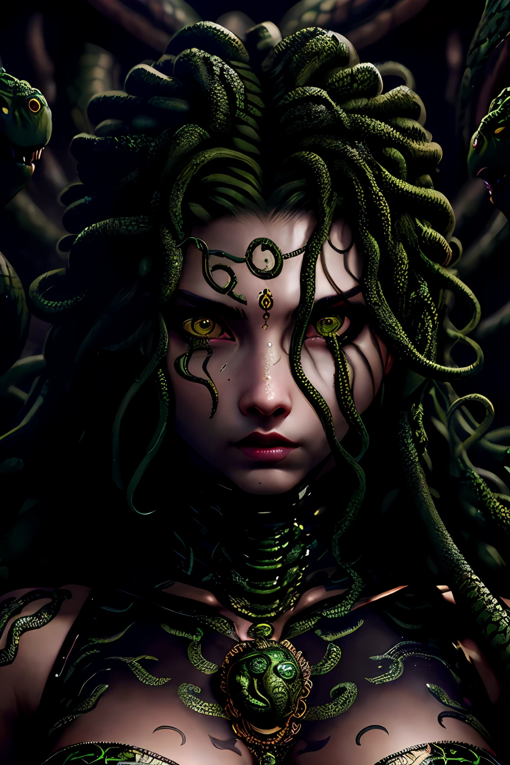 ((best quality)), ((realistic)), Medusa, upper body, hair is made up of countless snakes, green eyes, female face, metal underwear, trending on artstation, clear focus, studio shot , intricate detail, highly detailed, detailed eye, illustration, highly detailed, sharp focus, digital render, professional, 4k