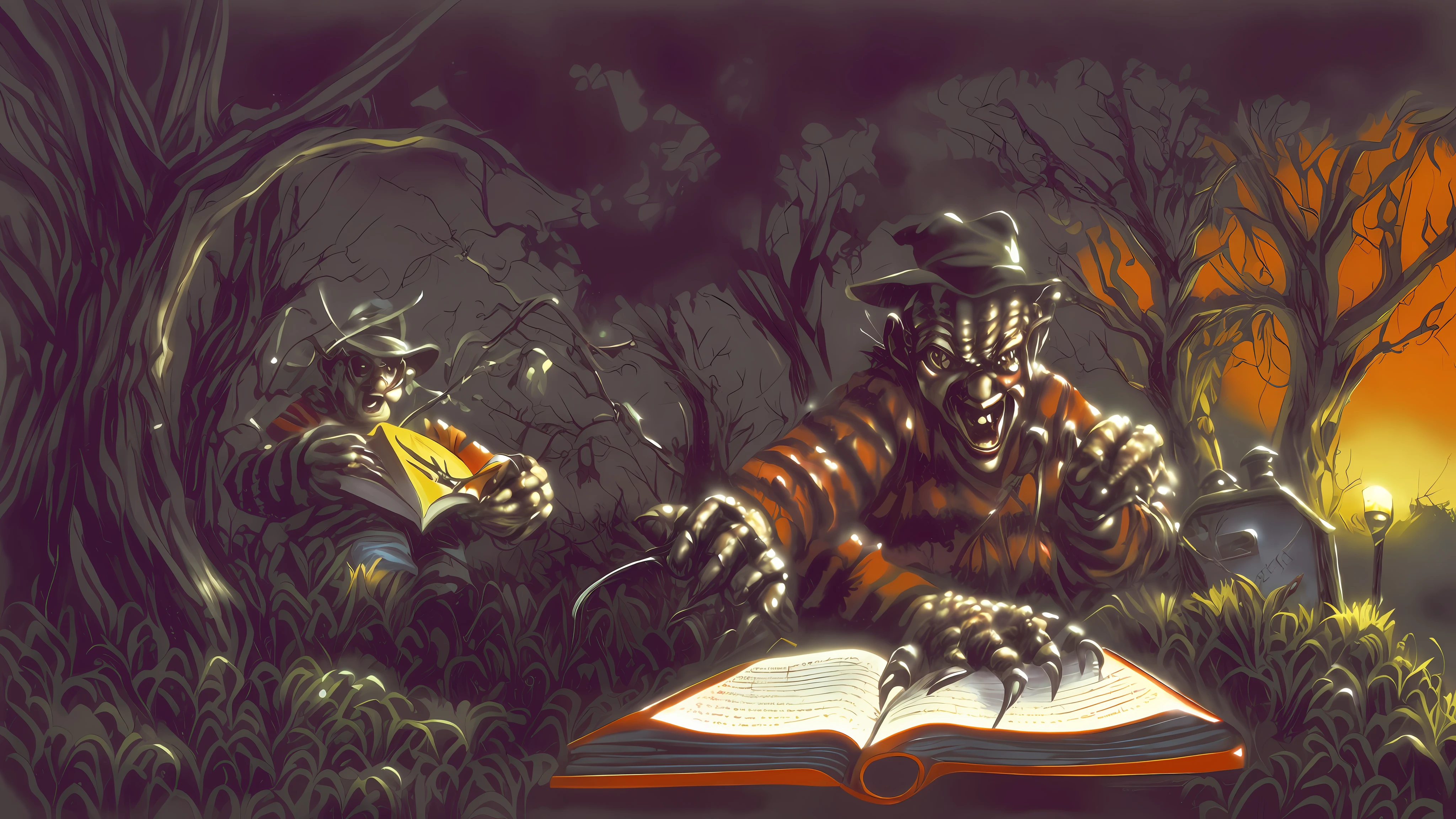 Freddy Krueger, reading a storybook to you, with his razor sharp claw glove,creepy,detailed(((goosebumps art by tim jacobus)))