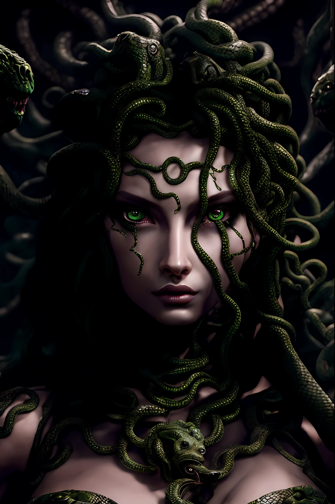 ((best quality)), ((realistic)), Medusa, upper body, hair is made up of countless snakes, green eyes, female face, metal underwear, trending on artstation, clear focus, studio shot , intricate detail, highly detailed, detailed eye, illustration, highly detailed, sharp focus, digital render, professional, 4k