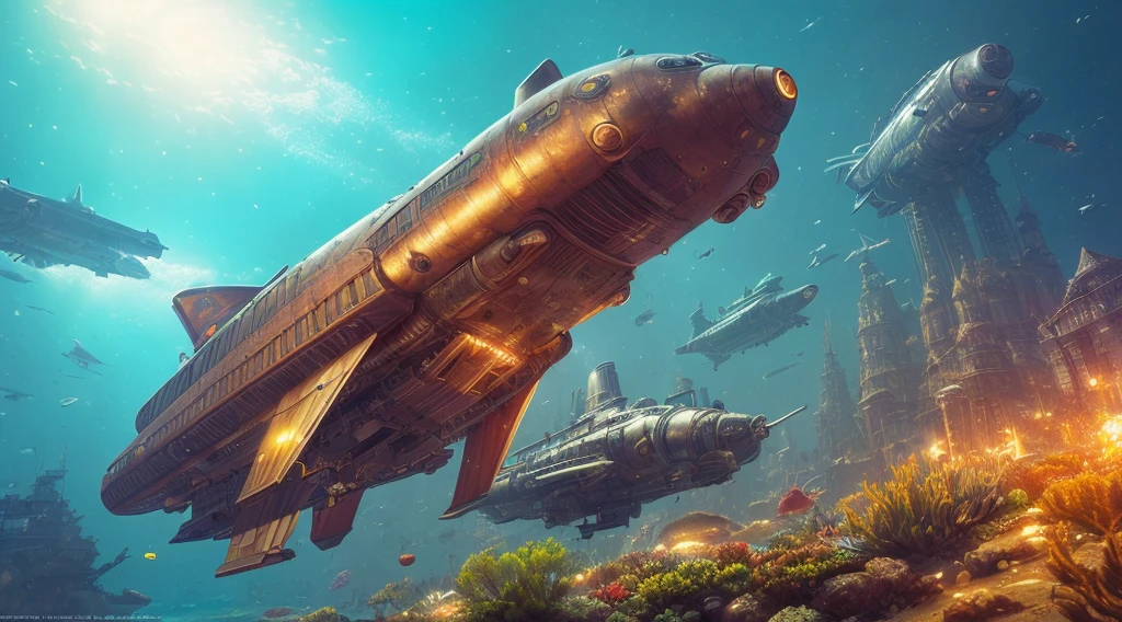 (extremely detailed CG, masterpiece, best quality),(floating, high saturation, dynamic angle),(steampunk, space, underwater, submarine, machinery, metallic, sci-fi)