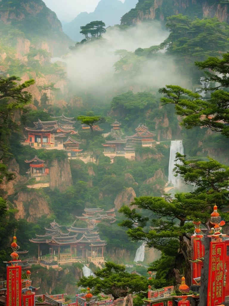 chinese landscape, a tranquillising metaphysical landscape, chinese temple, trees, fog, waterfalls, parallax poster composition, by Alphonse Mucha, James Jean, Eyvind Earle, 8K Resolution, High Details, denoise, secondary colours, retro-futurism artstation —w 2024 —h 4807