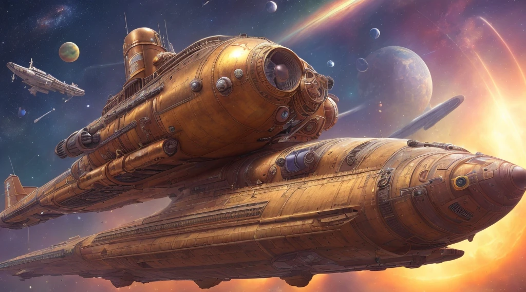 (extremely detailed CG, masterpiece, best quality),(floating, high saturation, dynamic angle),(steampunk, space, submarine floating in space, machinery, metallic, sci-fi, fantasy desing)