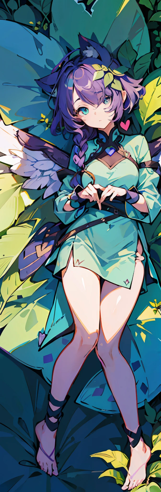 1girl, ((heart shaped leaves, purple_yam, winged_yam, ube,)) (((full body,)) leaf, garden, plant, plant girl,) teal eyes, cat cat ears, sweet beautiful woman, ((glowing wings), purple hair, green streaks in hair, ((hair over one eye,))) ((masterpiece)), colorful, (extremely detailed CG unity 8k wallpaper), (masterpiece), (best quality), (ultra-detailed), (best illustration),(best shadow), lying down, dakimakura print, ((((5 fingers, detailed eyes, beautiful eyes))) wing folded