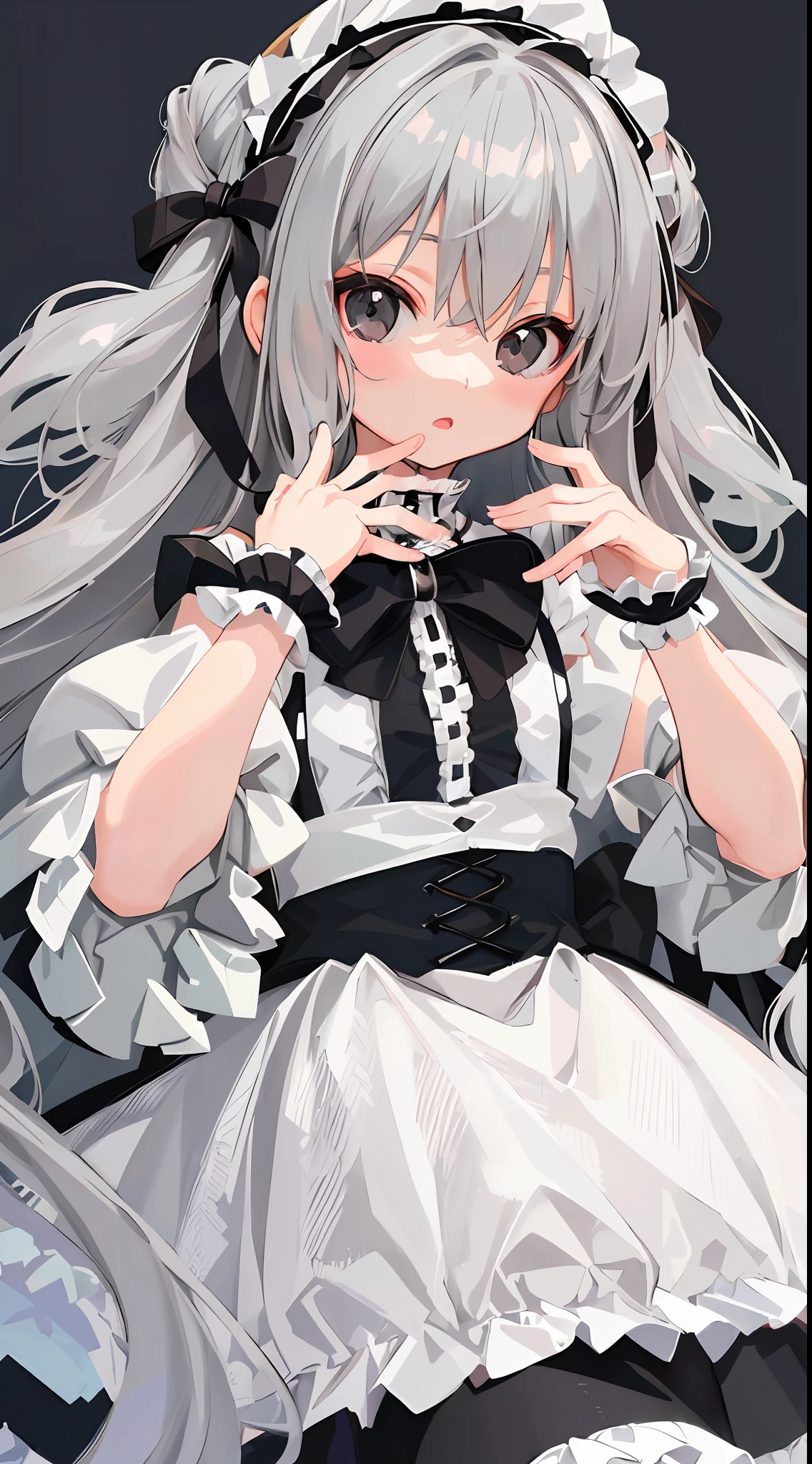 (grey long hair, cute little ta), (pure white Loli cute cute cute cute cute cute cute cute cute: 1.3), (black eyes + extreme details + exquisite) (impasto style)