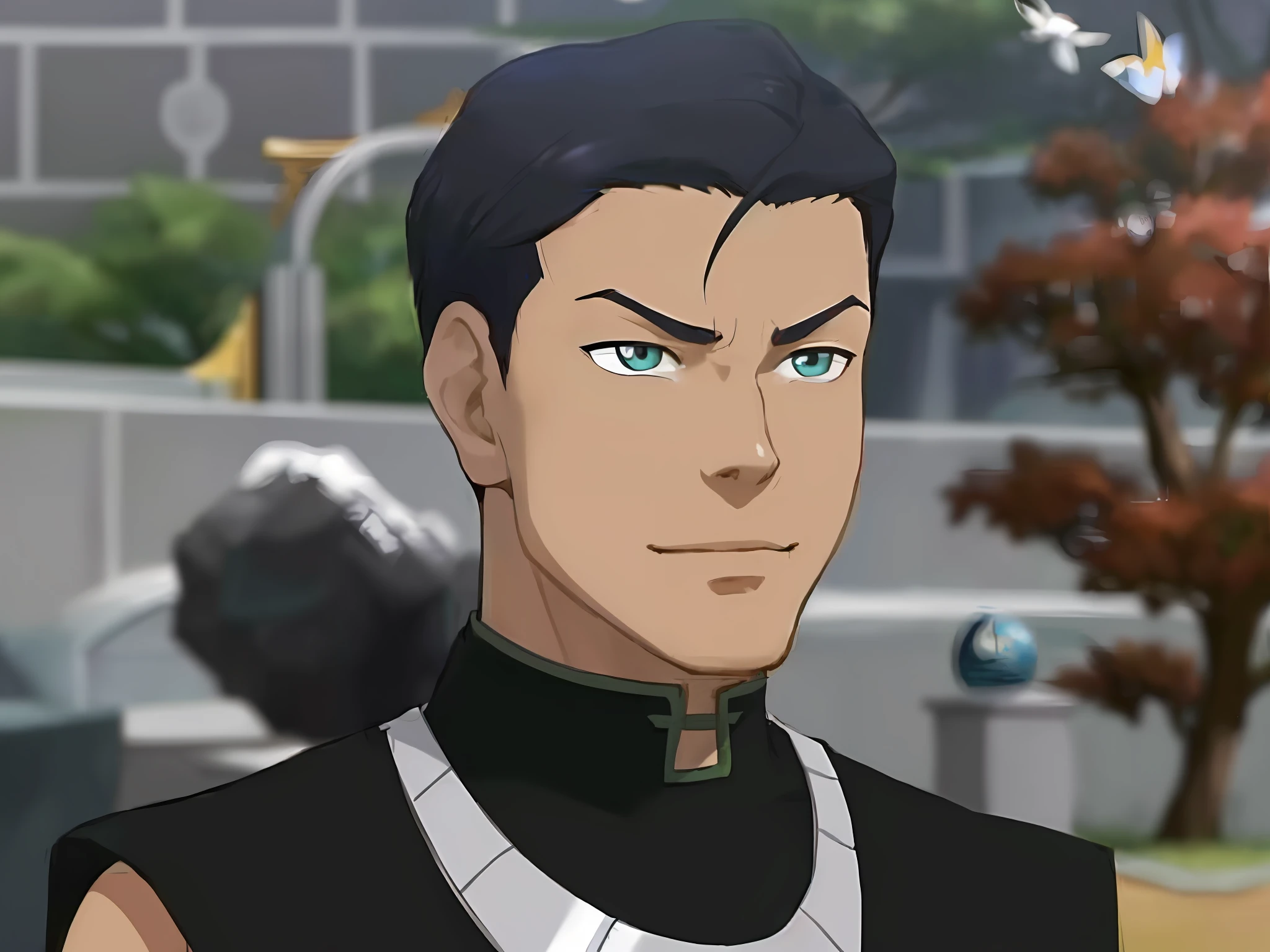 A closeup of a person in a black shirt and a tree, Avatar image, Koda Kazuma, mischievous grin, Legend of Korra, Ross Tan, Damian Kryzwonos, Kano Tan&#39;yu, Brittney Lee, shameful grin, Furio Tedesschi, as Atlantean, Arian , Snow White