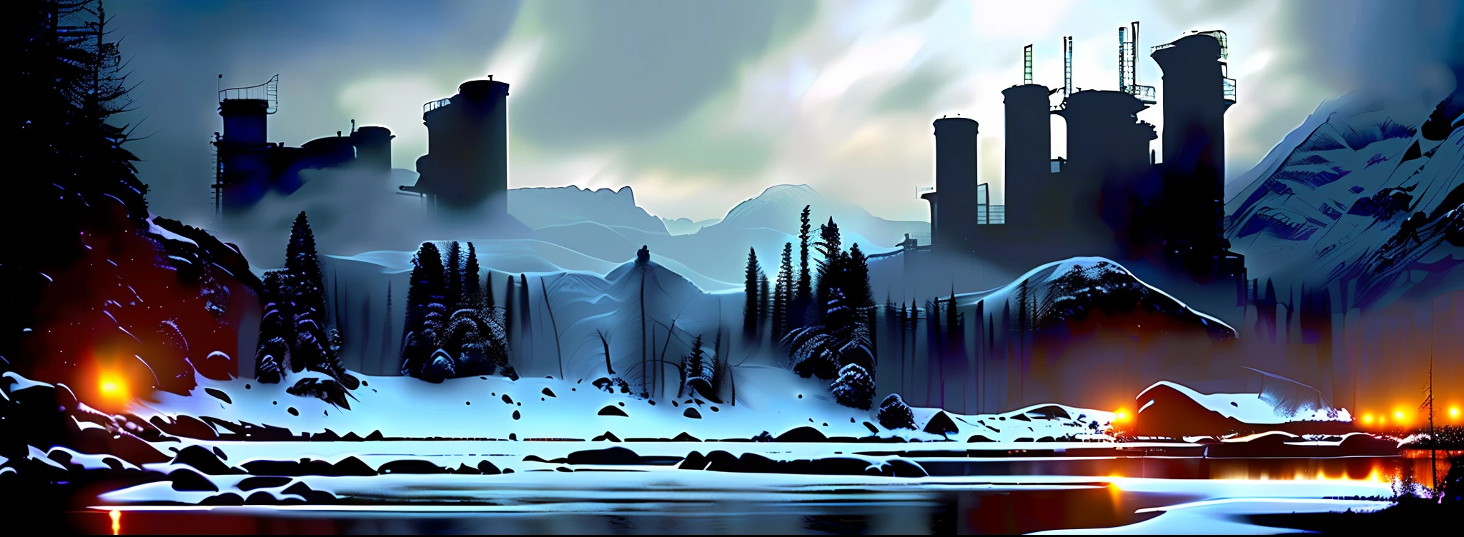 Snow, 2d style, 2D style, steel factory, a frozen lake, there is a garbage dump nearby, realistic, realistic, (masterpiece, best quality, high quality, high resolution: 1.4), detailed, extremely detailed, Ambient Soft Light, 4K, (Science Fiction, Sci Fi: 1.2), (Dynamo: 1.4), (Frostpunk: 1.4 ), (Snow: 1.2), Winter, Pine Trees, Ice, (Icy Mountainis, Canyon: 1.2),