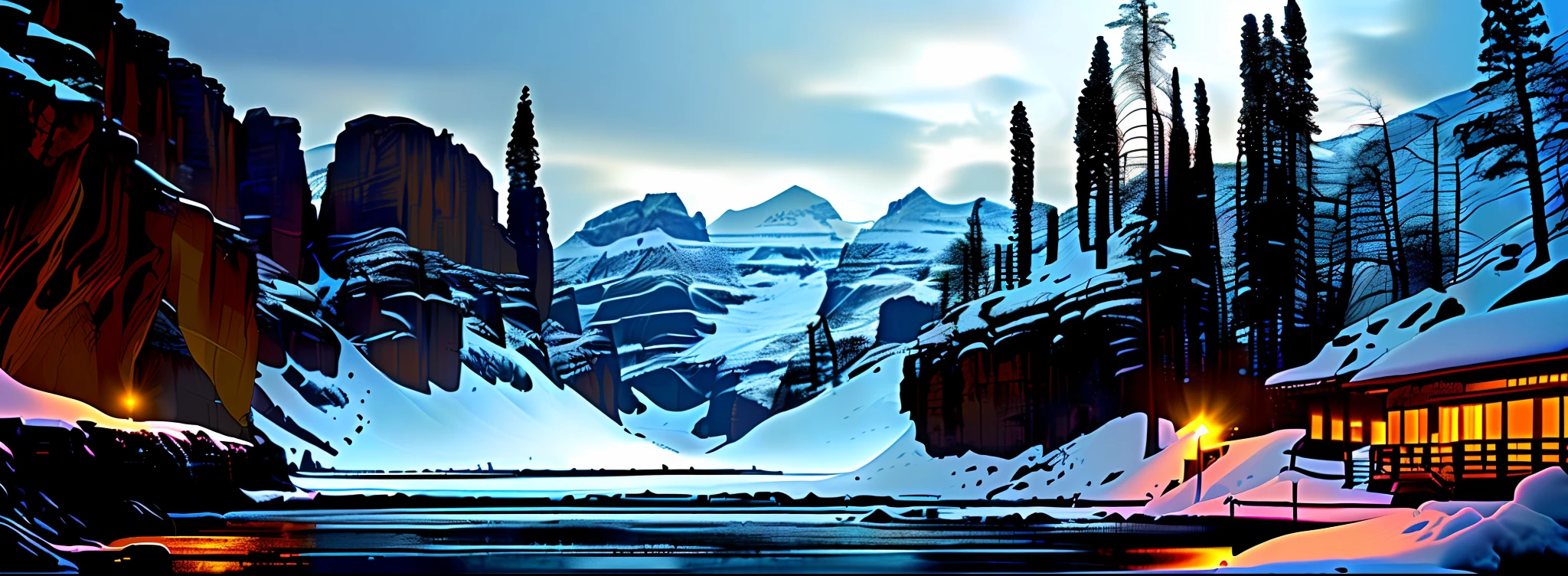 Snow, 2d style, 2D style, steel factory, a frozen lake, there is a garbage dump nearby, realistic, realistic, (masterpiece, best quality, high quality, high resolution: 1.4), detailed, extremely detailed, Ambient Soft Light, 4K, (Science Fiction, Sci Fi: 1.2), (Dynamo: 1.4), (Frostpunk: 1.4 ), (Snow: 1.2), Winter, Pine Trees, Ice, (Icy Mountainis, Canyon: 1.2),
