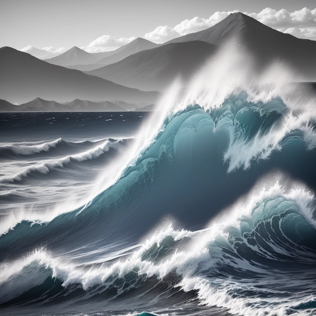 photo of the sea with a blue wave and mountains in B&W in the background, high detailed.