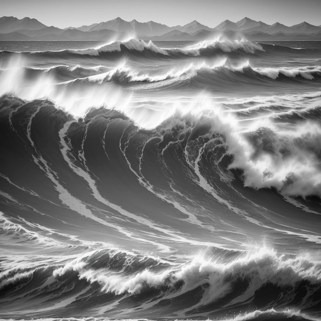 photo of the sea with a one blue wave and mountains in B&W in the background, high detailed.