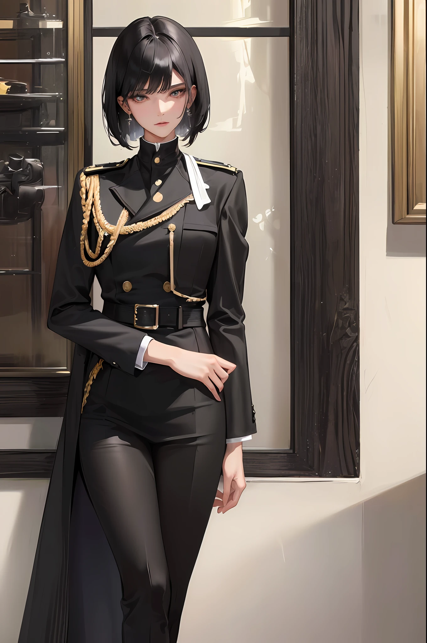 (highest resolution, distinct_image) best quality, woman, masterpiece, high detail, semi-realistic, black short hair, black hair, bangs, 21 years old, mature, young, black clothes, black uniform, black cap, military school beauty Heroic and heroic indoor background exquisite and exquisite facial features