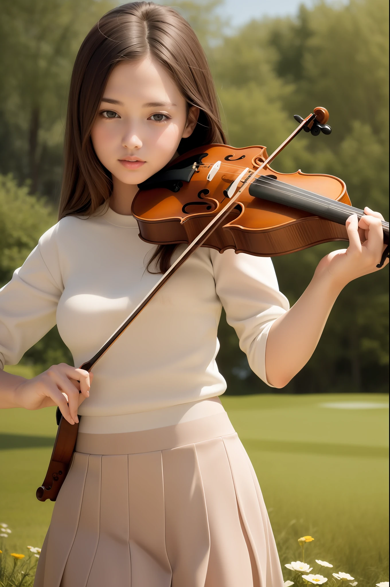 best quality, masterpiece, (realistic:1.2), 1 girl, brown hair, brown eyes,Front, detailed face, beautiful eyes,girl on golf field,violin playing,flower