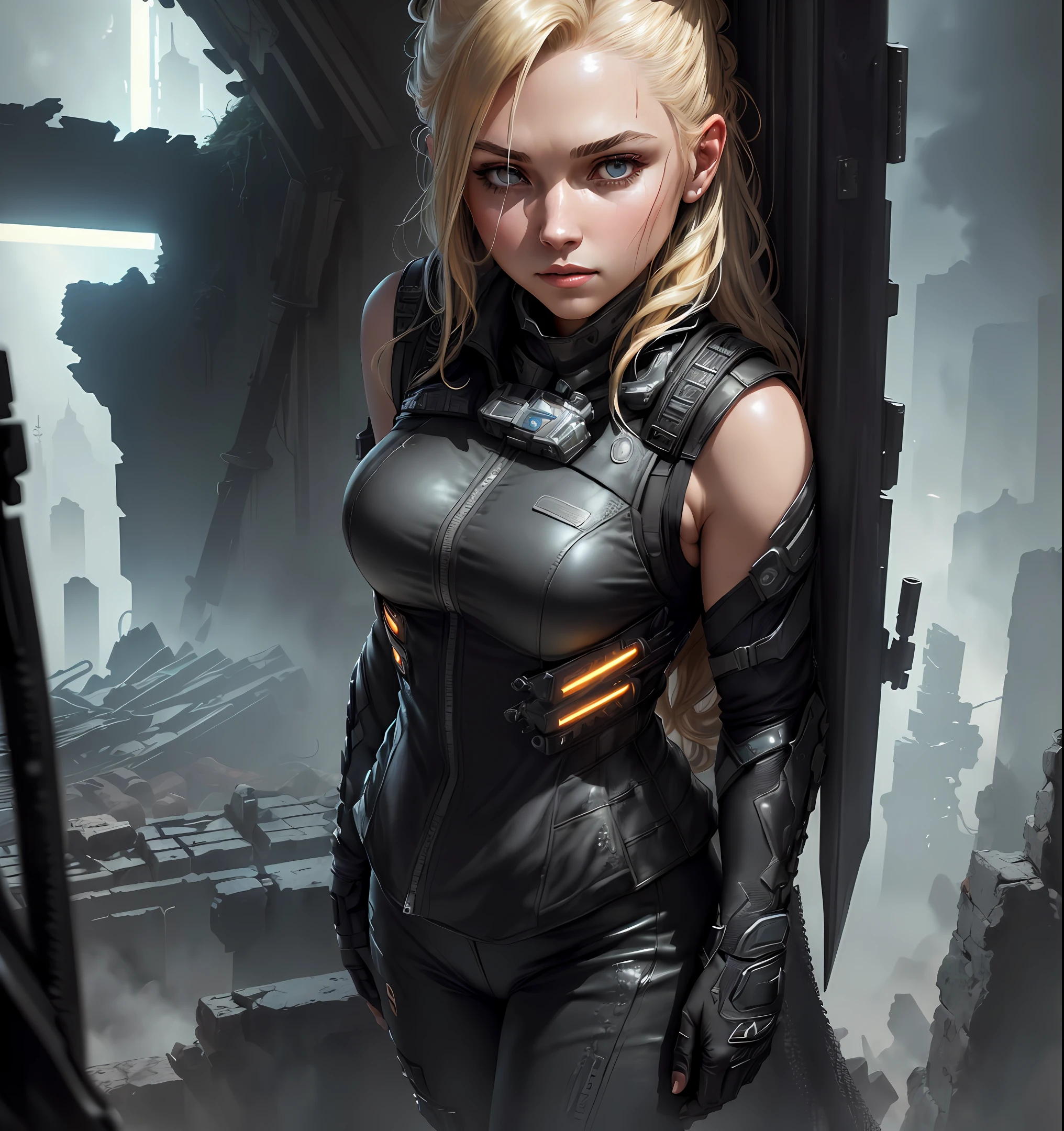 (extremely detailed CG unity 8k wallpaper), (masterpiece), (best quality:1.2), (highres), (illustration:1.1), (cinematic light:1.1), finely detailed, intricate details, (best illustration), 8k resolution, intricate details, best quality, realistic, ultra-detailed, best illumination, best shadow, ultra-HD, cryengine, ultra hd, (detailed reflection), detailed shadows, (((intricate details))), smooth, ((perfect shading)), high quality metal texture, metallic luster, highly detailed illustration, (semi realistic:1.6), (wide_shot:1.2), (from below, dutch_angle), dutch angle, ((cowboy shot)), (((1Female:1.5))),((guns in hand)), (((TWO SMG))) (with two guns at back), ((holding SMG)), (((athletic female))), ((half-closed eyes)), (grey eyes), very detailed face, (((long one sided blonde hair:1.1))), ((black clothes)), ((high quality black tactical gear, black tactical vest)), clothes flapping with wind, (urban_tech-wear + black_gloves), (stalker \\(warframe\\), ((tactical vest + tactical gear)), (survival gear), black clothing, tall boots, leather pants, leather , balck , shiny, perfect hands, archangel, demi-demon, complicated background, dynamic camera angle, blood rain behind, (warzone), (((high quality detailed ruins))), (depth of field), ((cinematic lighting)), ((horror)), ((dark fantasy)), lovecraftian, spot color, monotone, red, splashing blood, (best illumination), (hyper intricate details), ((ultra-detailed)), 4k unity, (extremely detailed CG:1.2), (8k:1.1), ((landscape view)), Artstation, ((by sui ishida, by Wenjun Lin, by stefan morrell)), dystopian art, apocalypse art, ((semi-realistic)), (realism), (dynamic), (nixeu_basic2:0.5), hero, sword, dual swords, long black hair, leather armor, fantasy, warrior, combat, action, adventure, strength, bravery, courage, single female, solo, only one person, ( mature)