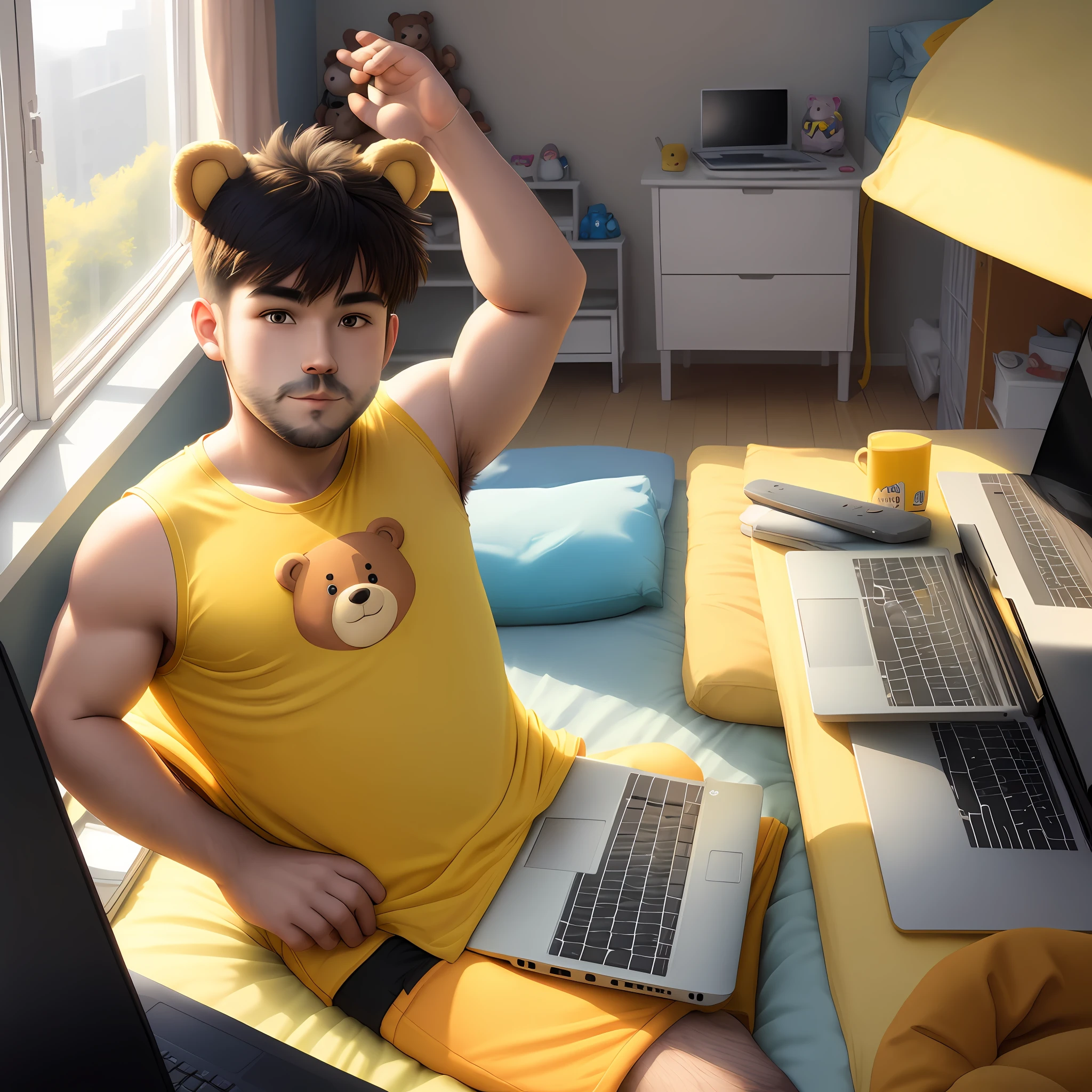 Cartoon bear , laptop ,sitting ,yellow ,sleeveless ,t shirt room, windows, bed