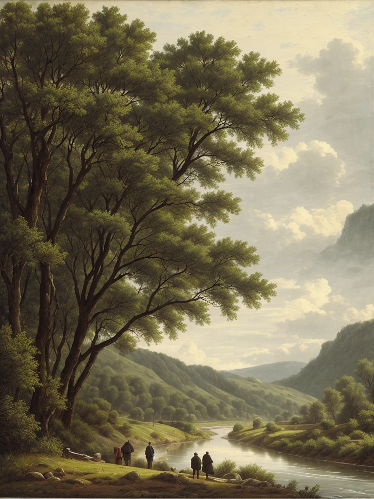 landscape, river flowing, trees in the distance, men with weapons with shaggy clothes on the other side of river,grey sky, wind blowing, no hill, plain land