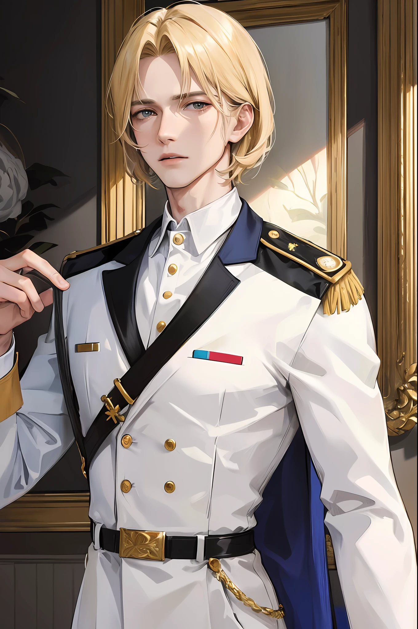 (highest resolution, distinct_image) best quality, a good looking man, masterpiece, highly detailed, semi realistic, short blond hair, blond shoulder length hair, bangs, 18 years old, young, tall and strong, white uniform, pants, military uniform ,military academy,indoor background,cold,serious,tall,handsome,authoritarian,powerful,exquisite facial features,exquisite facial features,sci-fi
