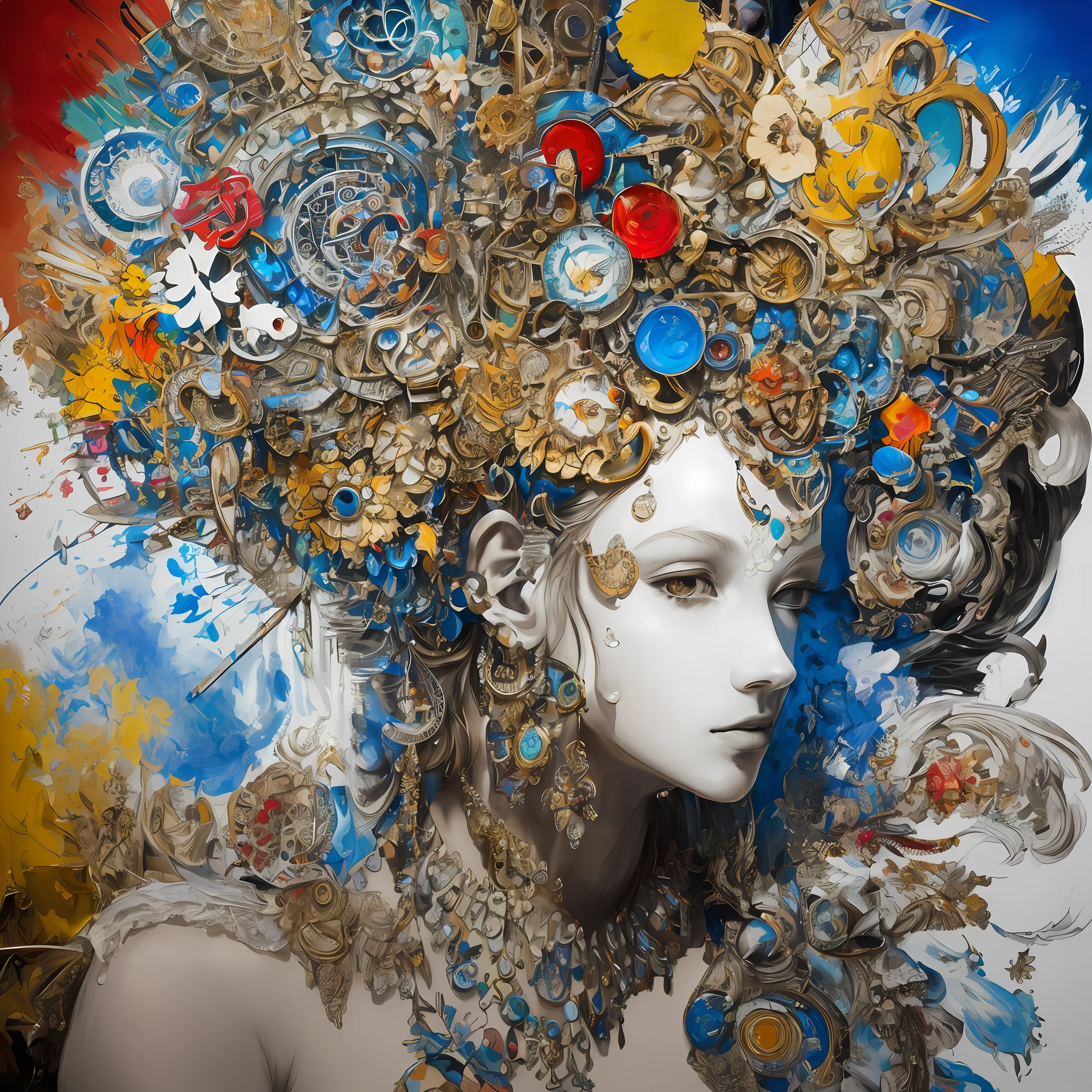 An intricate and thought-provoking artwork inspired by Robert Rauschenberg's "deep thinking painting", featuring meticulous detailing and expert use of color contrast. Best quality and ultra-detailed CG rendering, showcasing a combination of vivid hues and delicate textures, capturing the essence of the artwork's complex symbolism and abstract themes. High-resolution and dynamic angle, highlighting the painting's intricate details and dynamic composition.