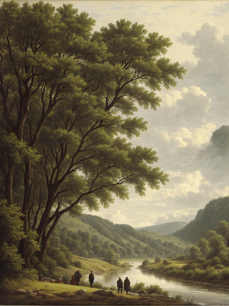 landscape, river flowing, trees in the distance, men with weapons with shaggy clothes on the other side of river,grey sky, wind blowing, no hill, plain land