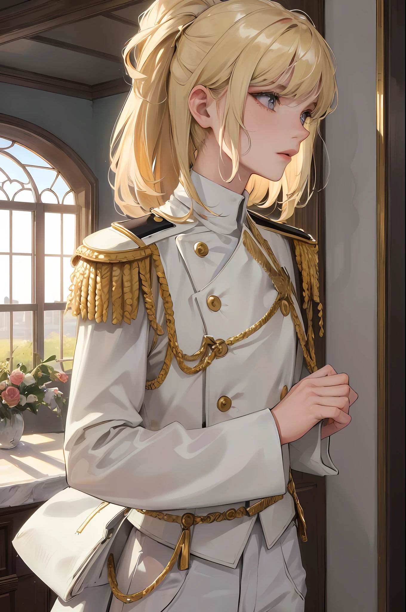 (highest resolution, distinct_image) best quality, a good looking man, masterpiece, highly detailed, semi realistic, short blond haired woman, blond shoulder length hair, bangs, 18 years old, young, tall and strong, white uniform, white army Cap, trousers, military uniform, military academy, indoor background, cold, serious, tall, handsome, autocratic, powerful, exquisite facial features, exquisite facial features, science fiction