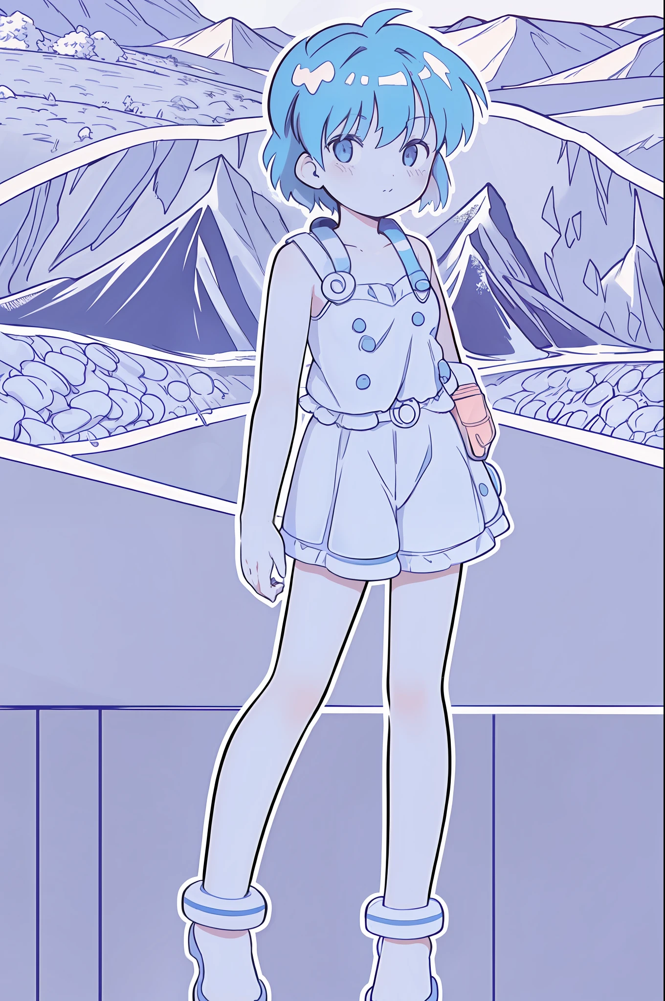 best quality, intricate details, lineart, monochrome, 1girl, particle, water and mountains, upper body, simple dark background, looking at viewer, short cyan hair, modern clothing, galaxy