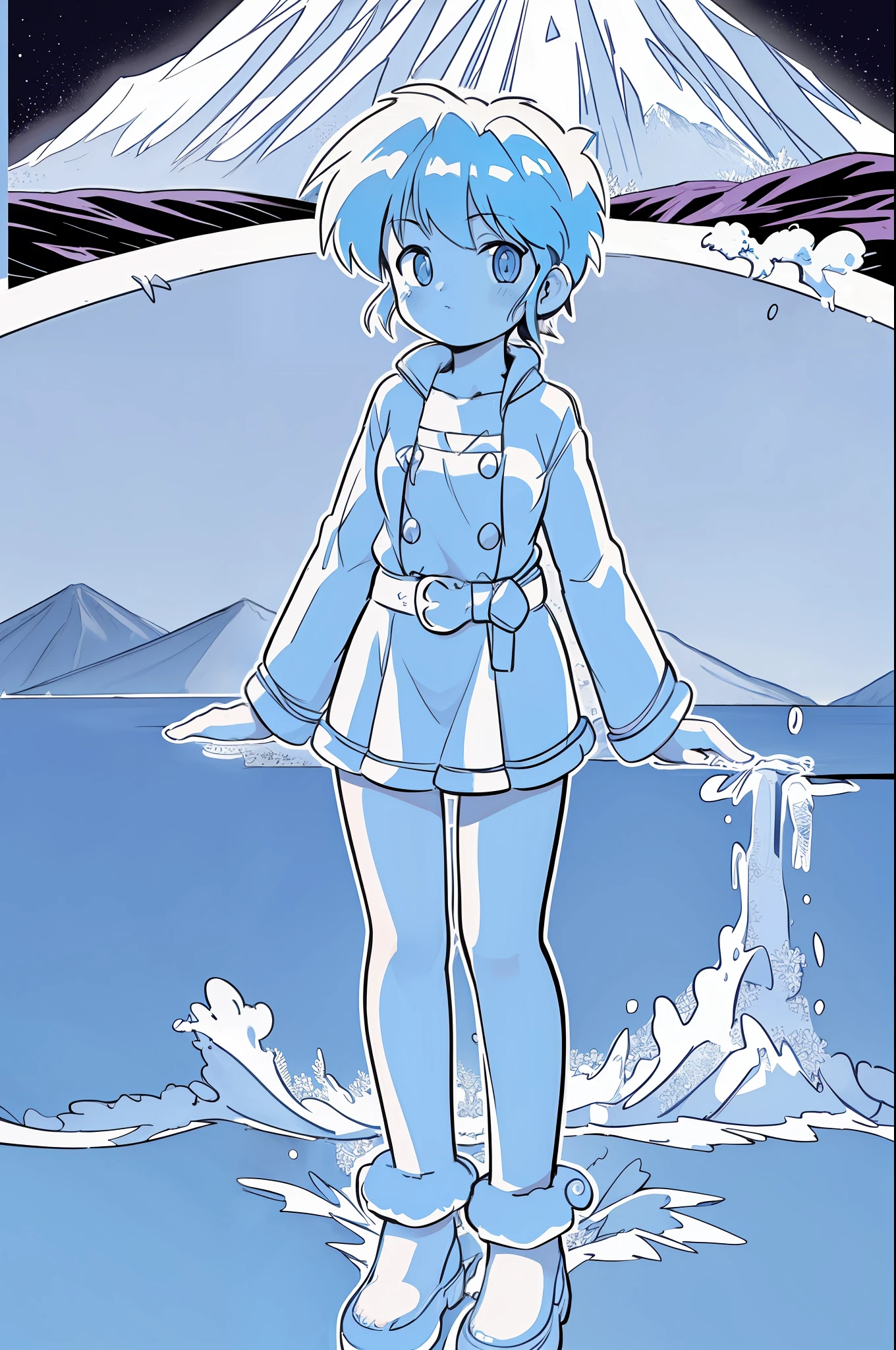 best quality, intricate details, lineart, monochrome, 1girl, particle, water and mountains, upper body, simple dark background, looking at viewer, short cyan hair, modern clothing, galaxy