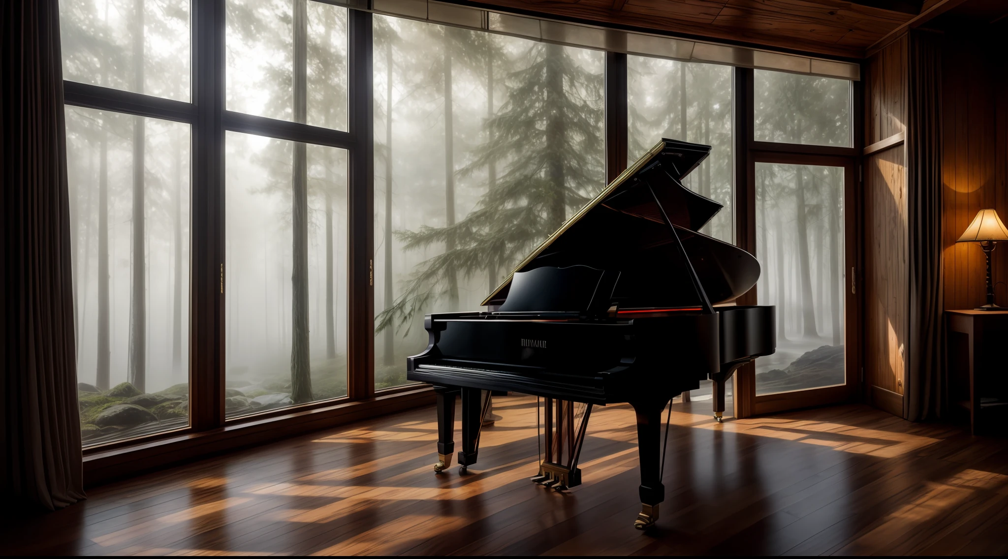 epic photo portrait, amazing movie poster, A piano , oil lamp on it, in a cabin with natural light, a misty forest is visible through the window, trending on artstation,professional photo studio, uhd, hi detailing, dramatic lighting, best quality, high quality, highres, morning dew natural day lighting, lord of the rings style, harry potter style, studio lighting,detail enhancement, high resolution fix, depth of field, film. rcnz_hqr style