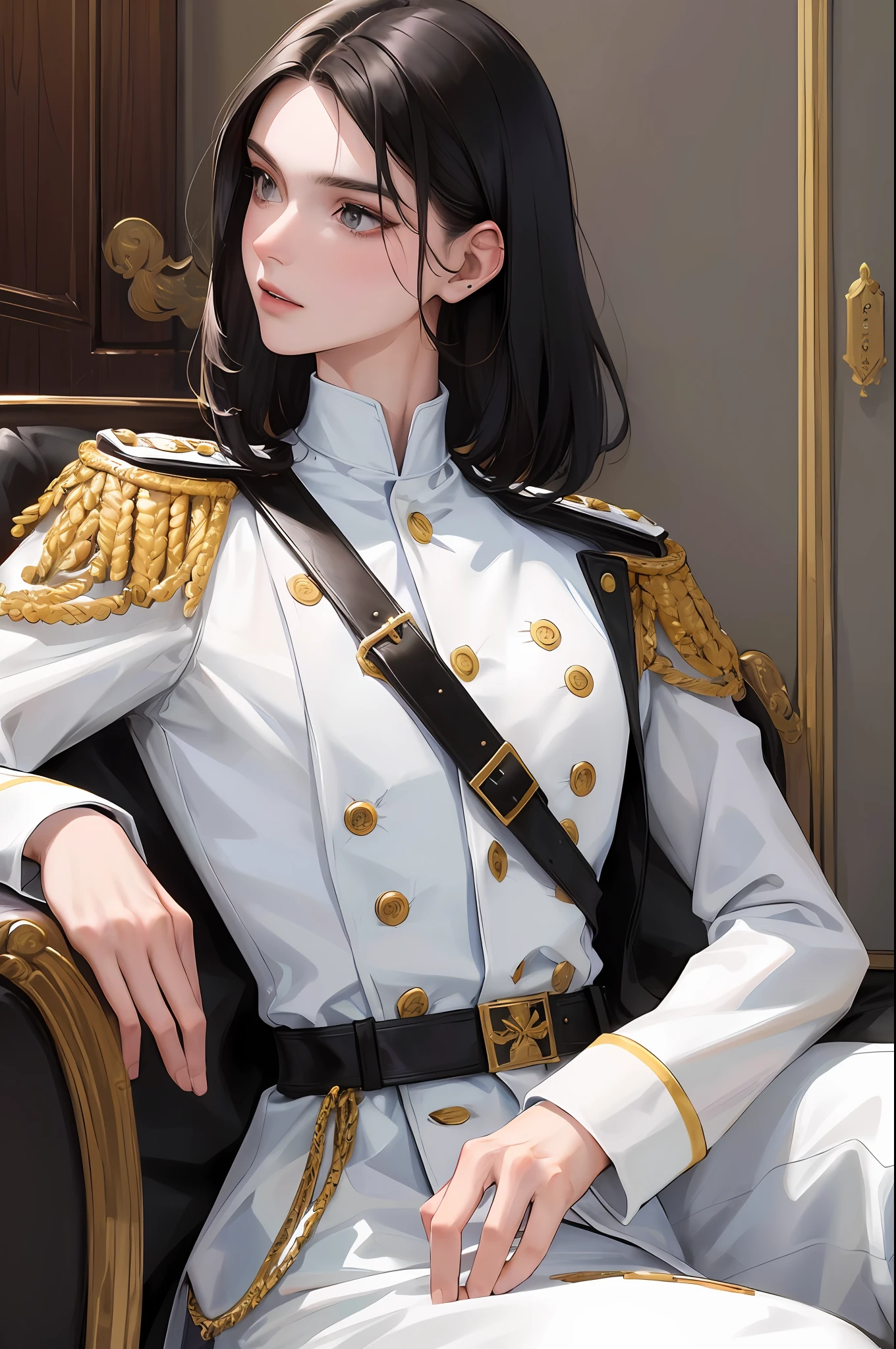 (High resolution, distinct_image) Stunning character, masterpiece, high detail, semi-realistic, short black hair male, like a woman, middle parted hair, 18 years old, young, tall and strong, pure white clothes, white uniform, military uniform, military school, uninhibited, Unrestrained, handsome, autocratic, strong aura, exquisite facial features, exquisite facial features,