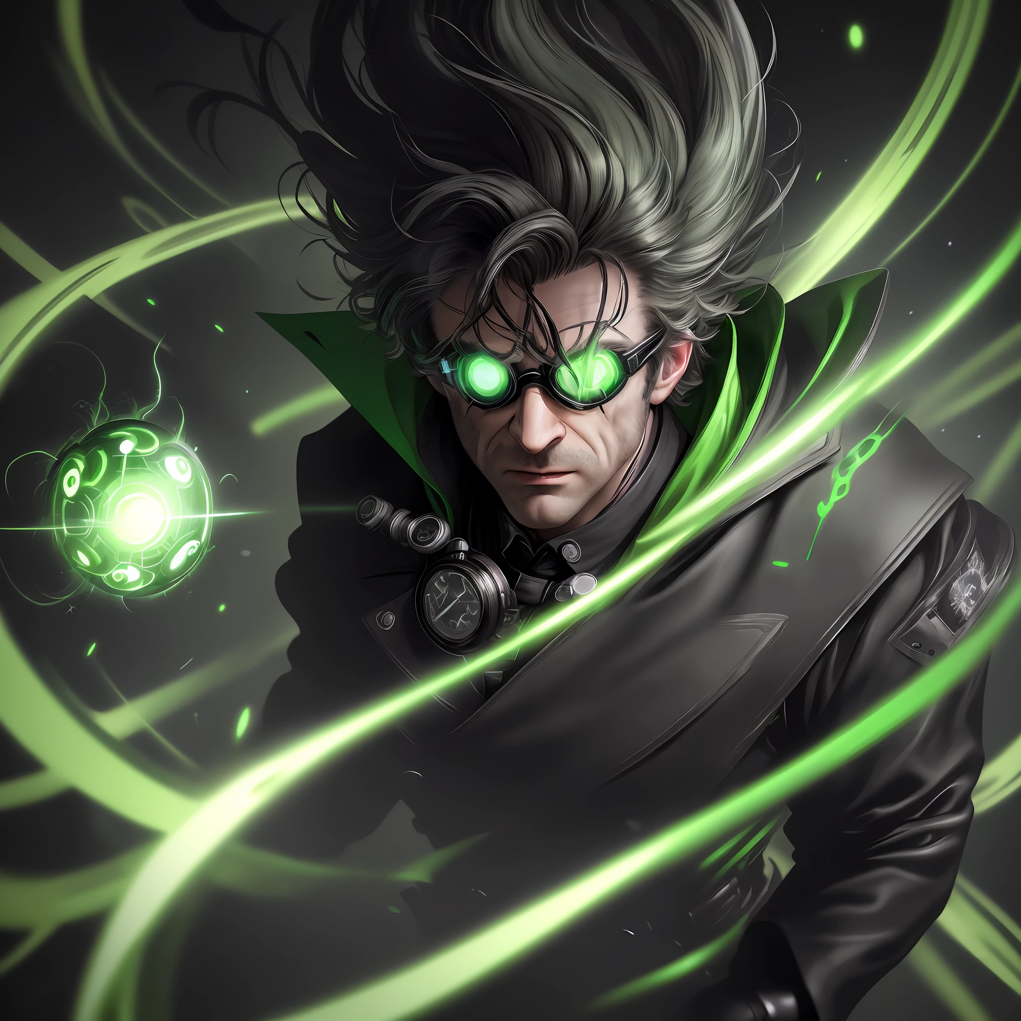 (extremely detailed CG unity wallpaper, masterpiece, best quality),
((mad doctor)), green glowing atom swirls around him, dynamic pose, 
(black coat), black gloves, black boots, goggles, messy hair, 
(green eyes), dark background, dramatic shadow.