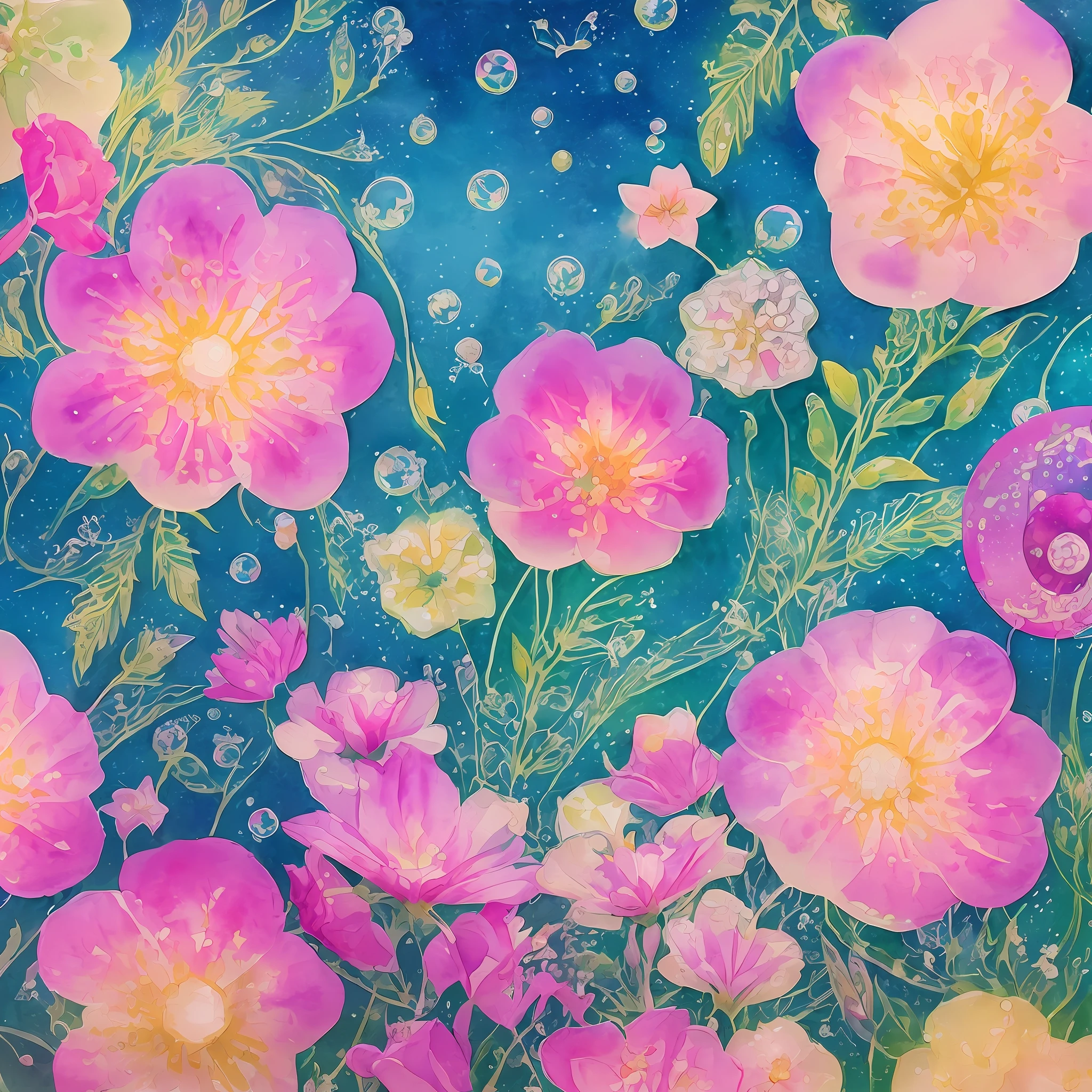 art deco Arabesque watercolor wildflowers with bubblewrap background Vexel Art, pop surrealism in the style of lawrence pelton