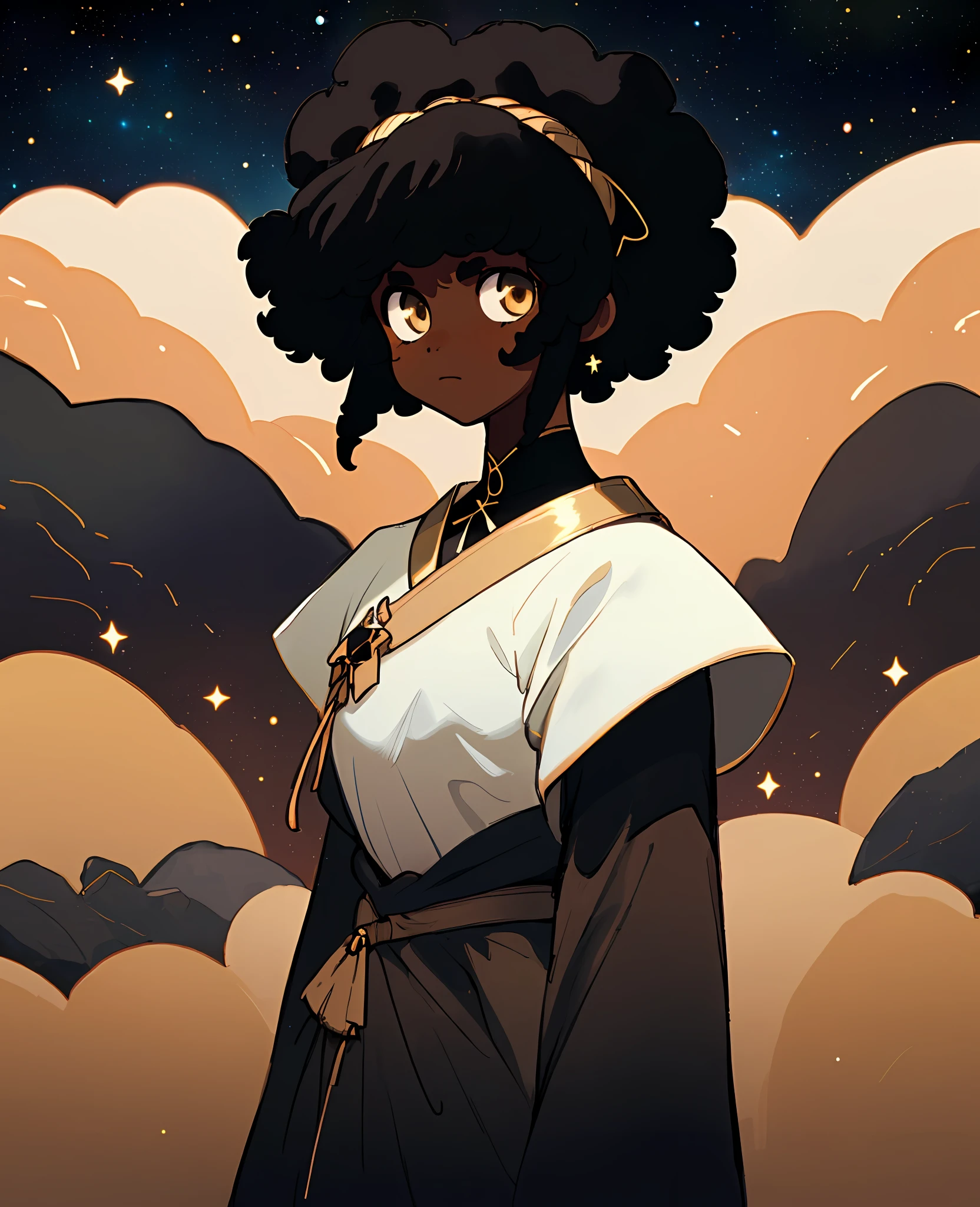 (best quality, masterpiece), 1girl, particle, mountains and rocks, upper body, simple dark background, looking at viewer, black afro hair, dark skin tone, white and gold modern clothing, galaxy