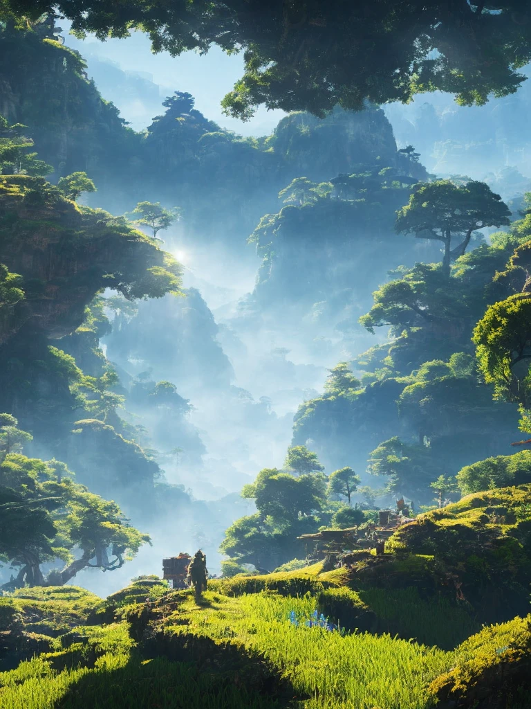 epic landscape, Architectural section, animation concept art, Breath of the wild Traditional Chinese Ink painting, studio ghibli style, cascading plateaus with japanes maple trees inside a crevice, lush vegetation and fern, sun rays::1. 5 miyazaki::1. 5 Mateusz Urbanowicz::1. 5 nausicaa, Shinkai Makoto, landscape, beautiful, gorgeous, dramatic lighting, rule of thirds, perfect composition, 8K, octane render, golden ratio, cinematic, trending on ArtStation --w 1200 --h 3600 --no human --no people --no person --quality 2