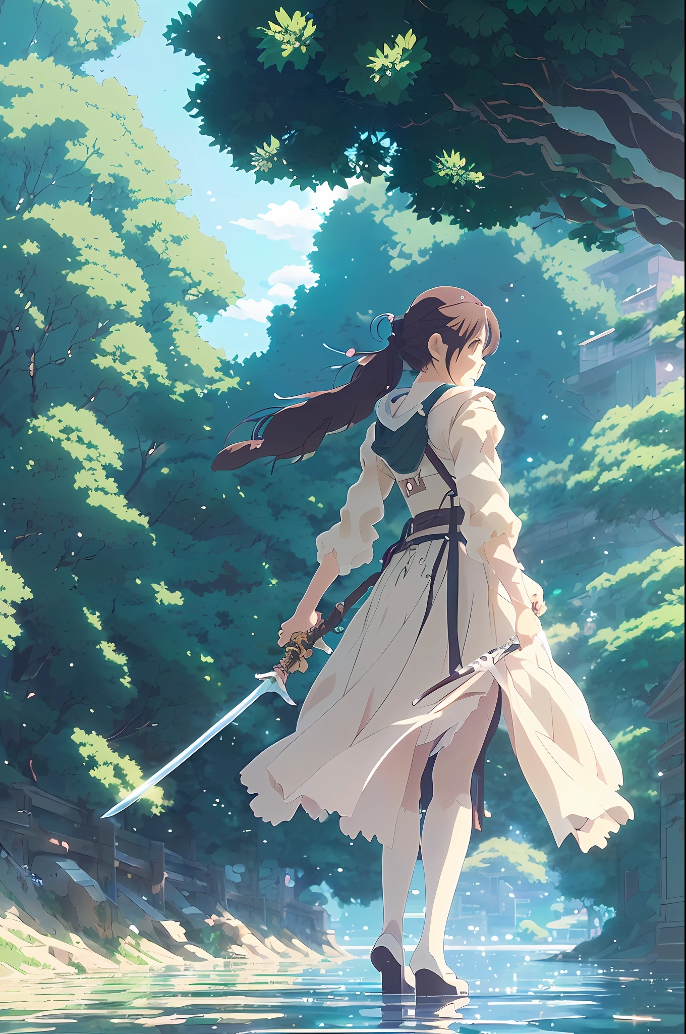 ((masterpiece, best quality)), (extremely detailed CG unity 8k wallpaper, masterpiece, best quality, ultra-detailed, best shadow), (detailed background), (beautiful detailed face, beautiful detailed eyes), High contrast, ( best lighting, very delicate and beautiful), (anime girl: 1.2), ((anime girl walking on water with long sword, ripples, dawn background, backlight, concept art, anime, key visual, wlop and greg rutkowski and popular pixiv fanbox by makoto shinkai and studio ghibli )), ((caustic)), dynamic angles, beautiful detail glow, long skirts, hanfu