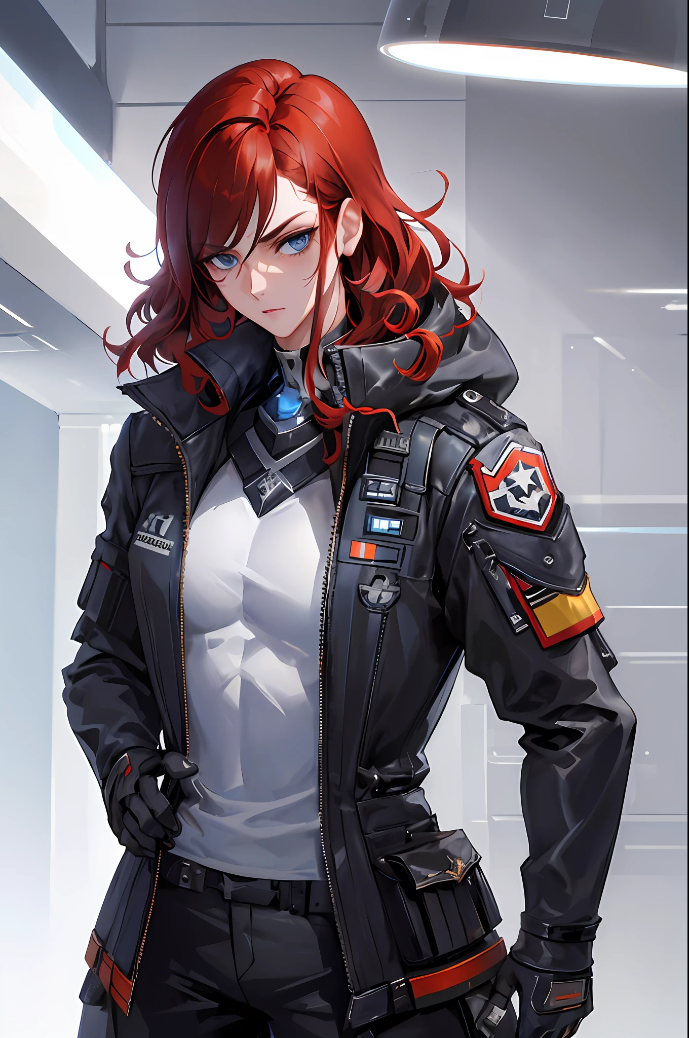 (highest resolution, distinct_image) best quality, cyberpunk, 30-year-old handsome and cold woman (casual pose) (holding gun) (huge spaceship behind), masterpiece, semi-realistic, , short red hair, curly hair, blue Eyes, cold eyes, tall and strong, handsome, black clothes, black uniform, military uniform, black jacket, black trousers, military school, cold, serious, tall, handsome, autocratic, powerful, overwatch