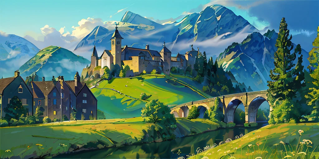 Detailed backgrounds, masterpieces, best quality, landscapes, medieval countryside, green meadows, distant forests, medieval towns, streams, stone bridges, streets, chimneys, realistic lighting, rich textures, realistic details, masterpiece.