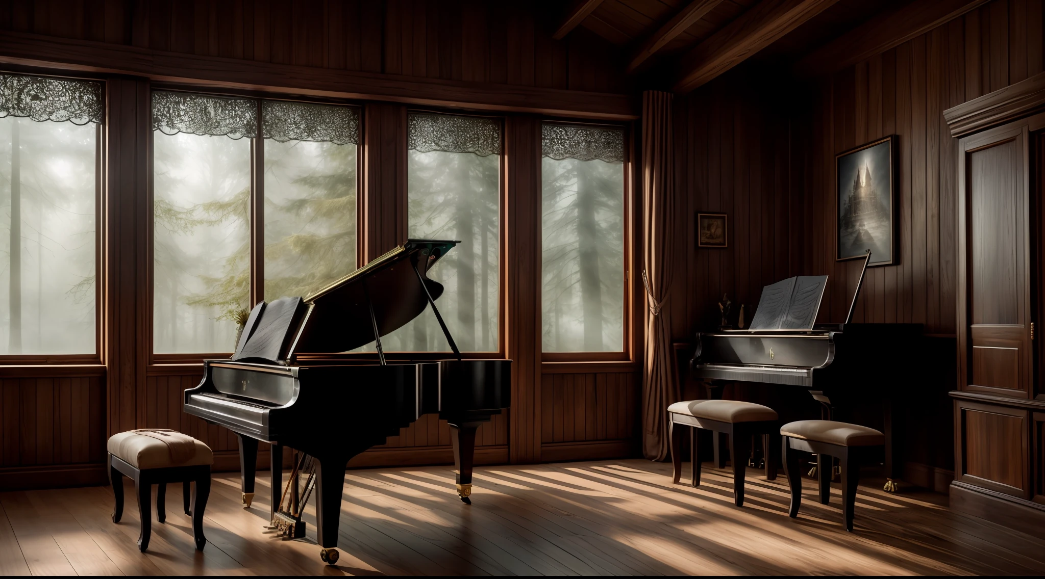 epic photo portrait, amazing movie poster, A beautiful lady elf possing by a piano , in a cabin with natural light, a misty forest is visible through the window, trending on artstation,professional photo studio, uhd, hi detailing, dramatic lighting, best quality, high quality, highres, morning dew natural day lighting, lord of the rings style, harry potter style, studio lighting,detail enhancement, high resolution fix, depth of field, film. rcnz_hqr style