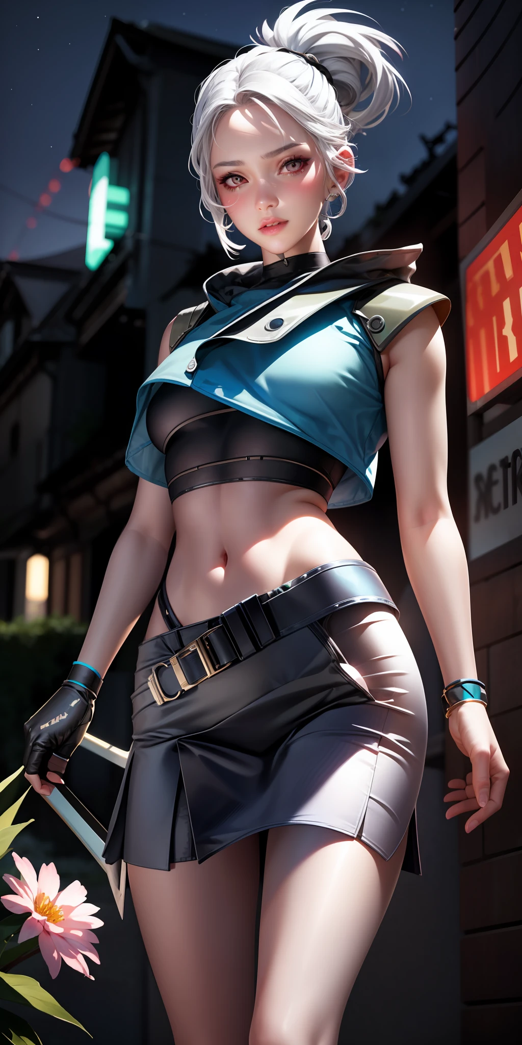 realistic, 1girl, white hair, gray eyes, glowing eyes, crop top, skirt, parted lips, blush, night, flowers, sun, sunlight,
