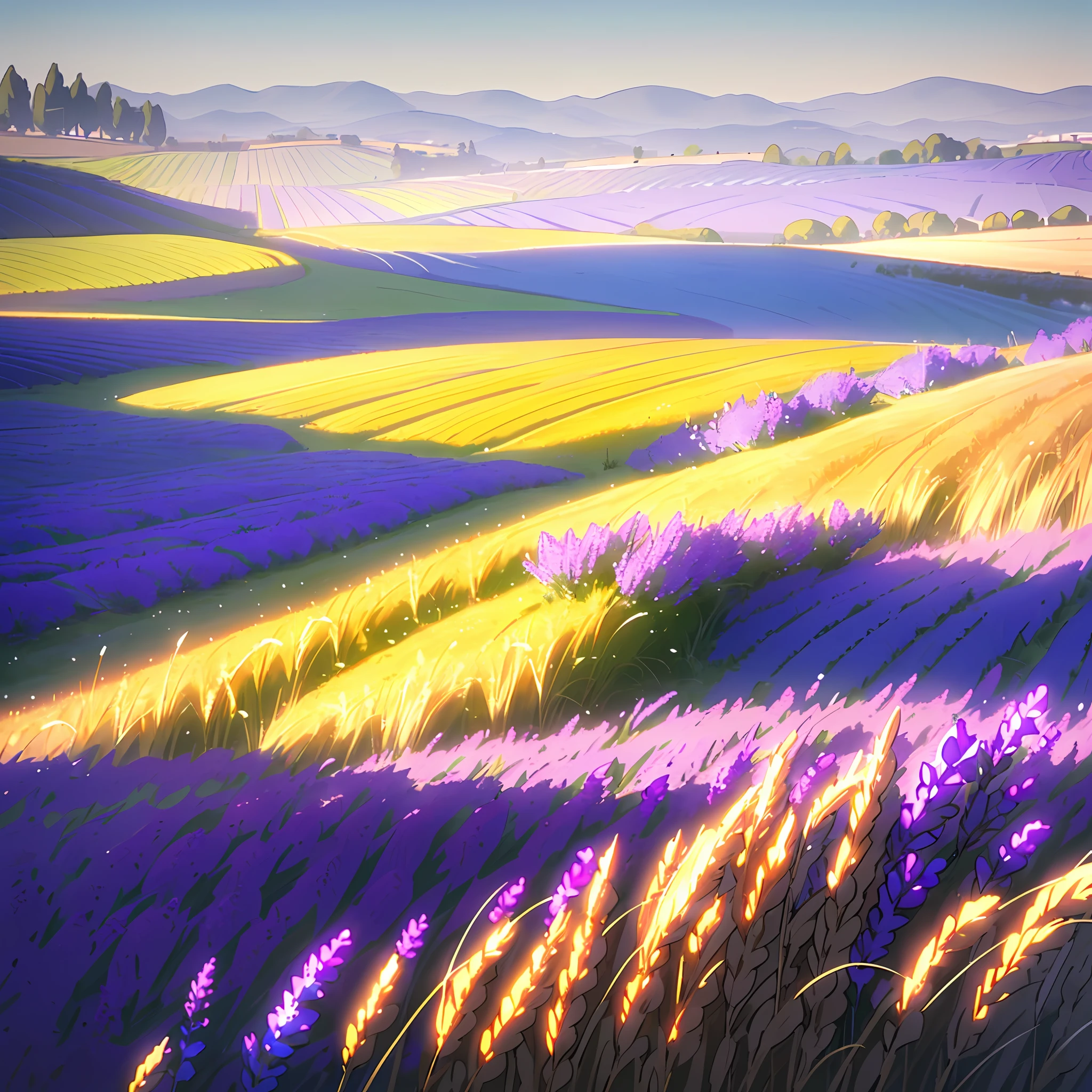 Paint a realistic landscape using oil medium, portraying a picturesque scene of Italian field on a bright sunny day with a olive trees positioned at the center. Capture the serene beauty of the wheat fields in full bloom, emphasizing the bright vibrant purple hues and delicate textures of the flowers. The composition should showcase the vastness of the fields, with rows of wheat extending into the distance and lavender fields in the foreground. The single tree, positioned prominently off center, should provide a focal point and create a sense of balance within the composition. A small farmhouse in the distance. Pay attention to capturing the play of light and shadow on the landscape, particularly the interplay of sunlight filtering through the lavender blooms. Render the details of the tree's bark, branches, and leaves with precision, ensuring it stands out amidst the fields. bright strong colors, use the rule of thirds for the composition --ar 3:2