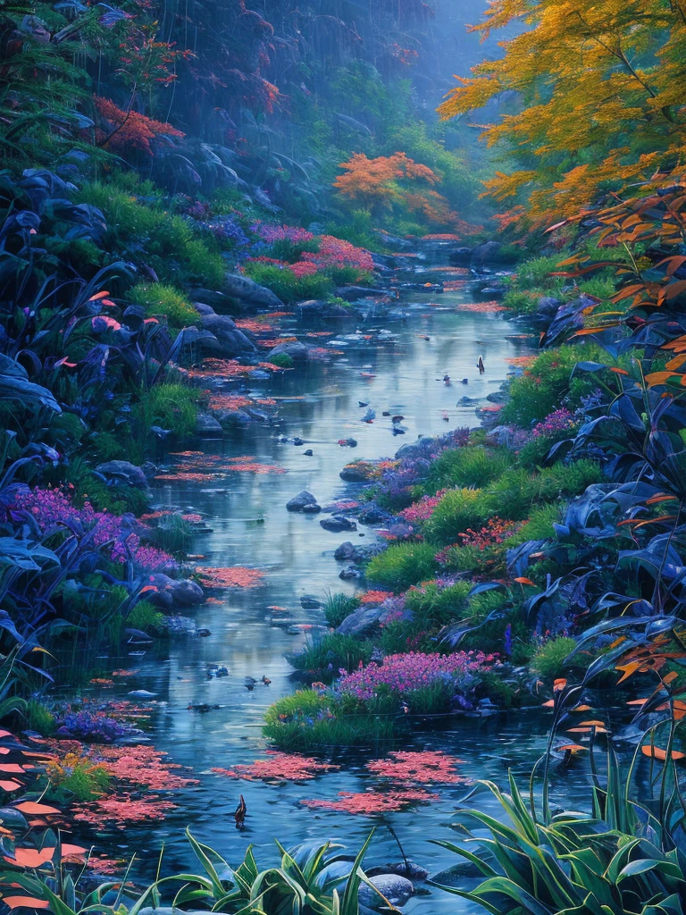 copper waterbugs live in a luminous brook that winds through a midnight-blue meadow landscape, distant floral hills, serene overcast evening skies, cinematic, 3D rendered, by Alena Aenami, Anna Dittmann, Andreas Rocha, Asher Brown Durand, Atey Ghailan, Brian Froud —aspect 5:7 --uplight --test