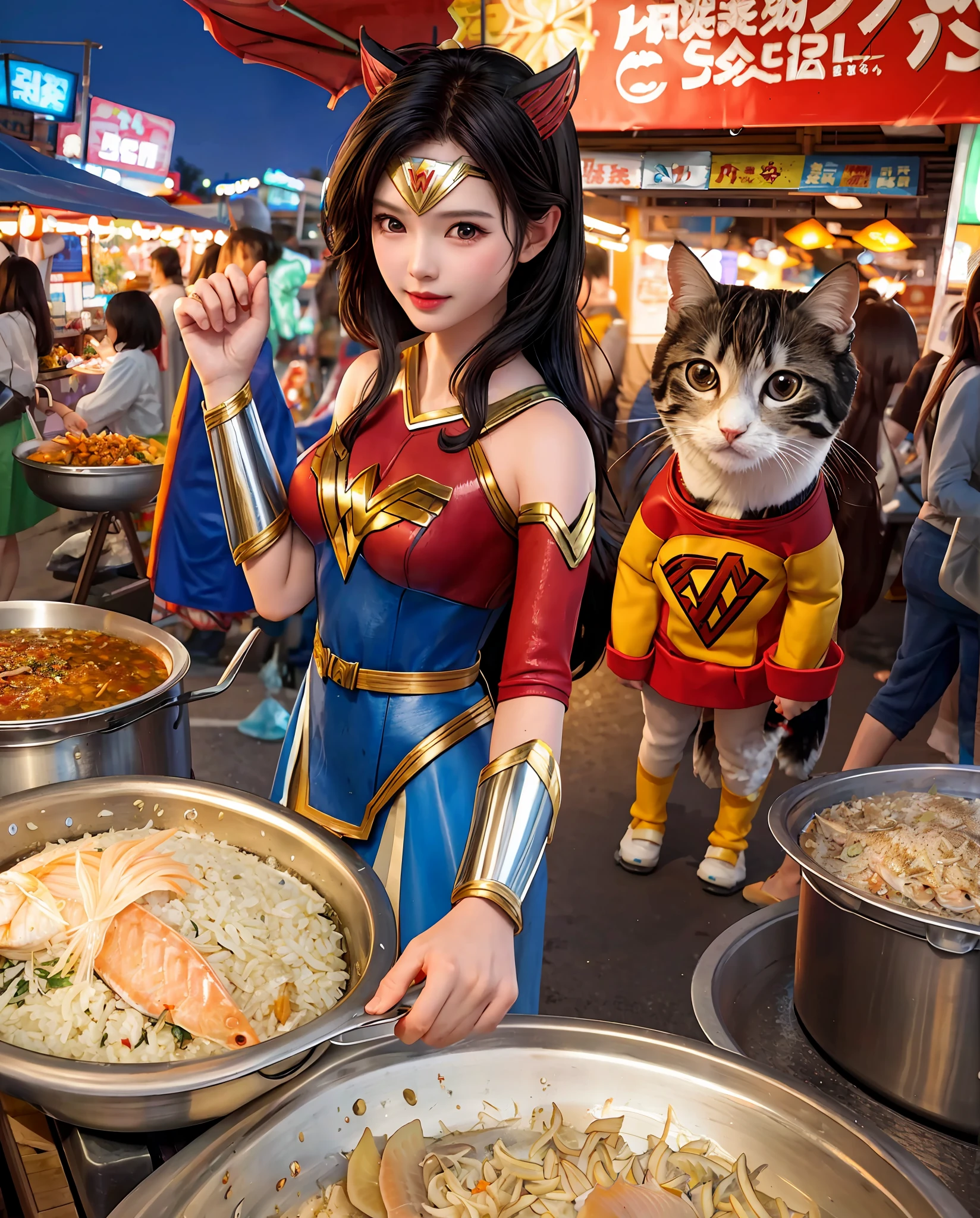 adventure wonder women,cooking fish,behind the night market,night market,realistic beautiful face,2 light,