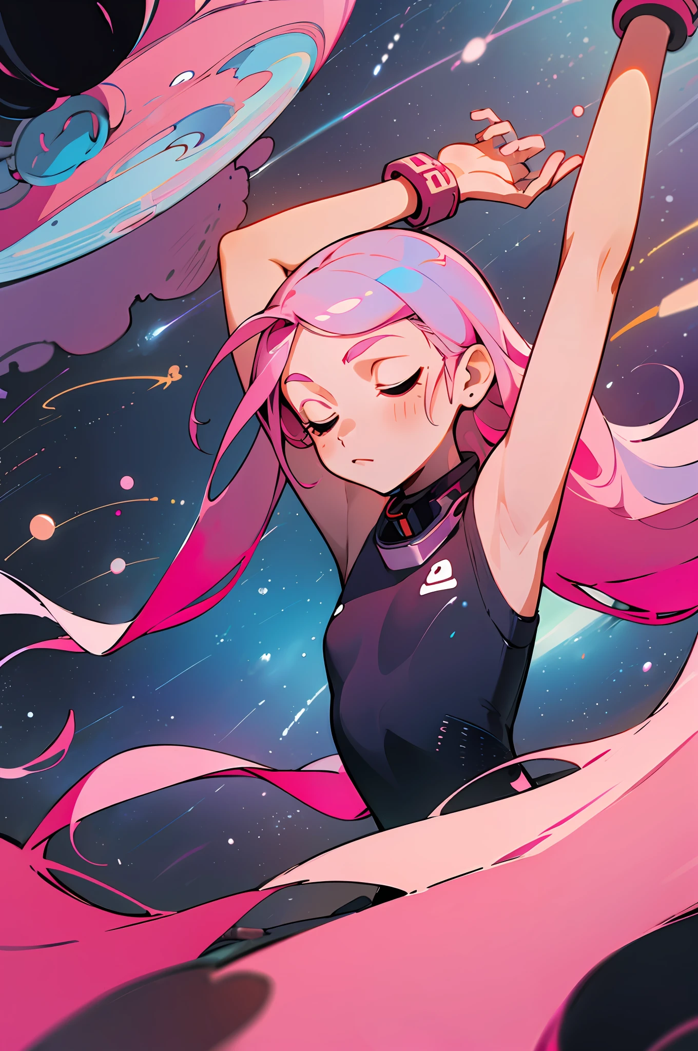 (best quality: 1.2), 1girl, (close up, arms up, pink hair, very long hair, okappa, flat_chest, space station),