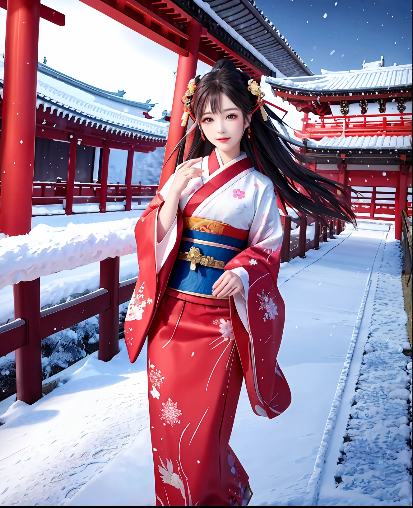Japanese dress,flying fabric,wind blow,beautiful face,8k,snow fall,temple